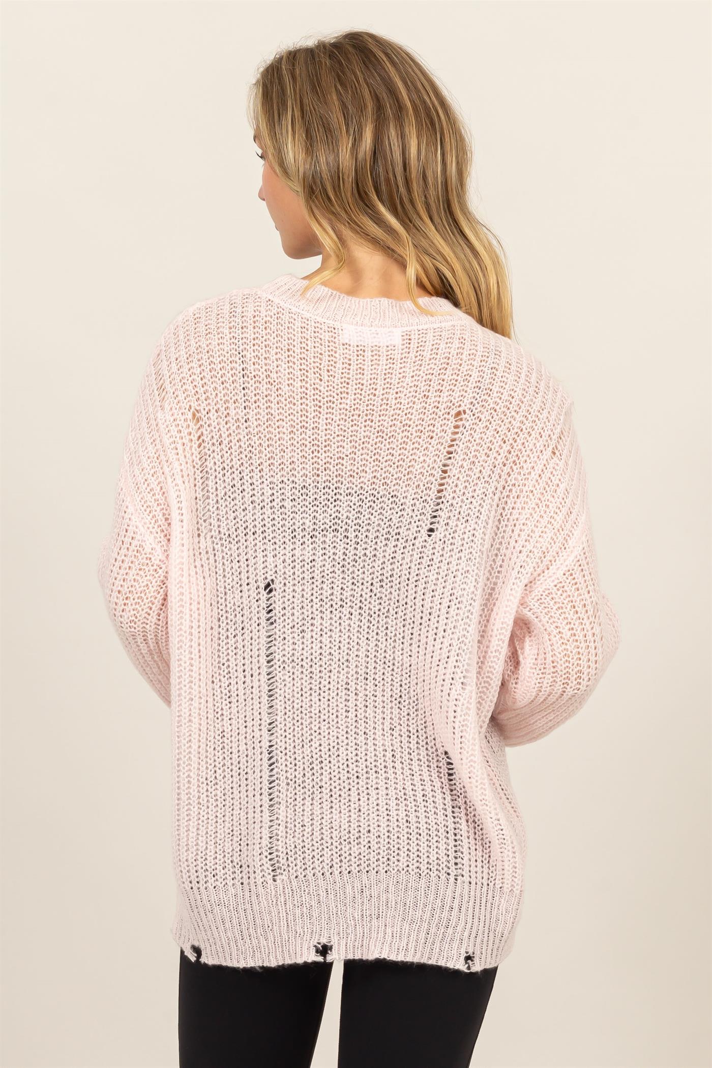 Wholesale Distressed Knit Sweater Sweaters DZ23F192 PALE PINK DOUBLE ZERO