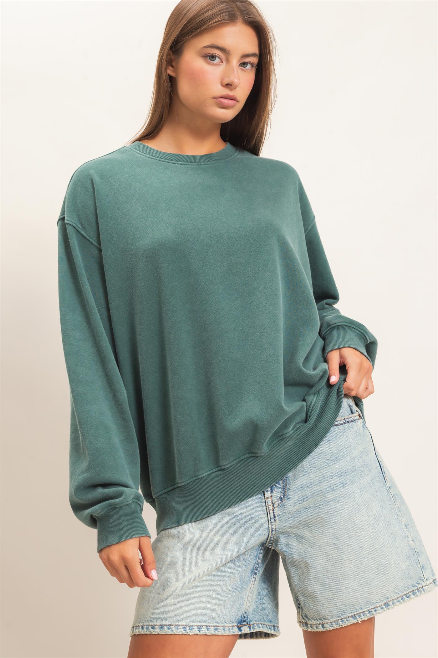 Wholesale Mineral Wash Crew Neck Sweatshirt Sweatshirts DZ26E990 DARK GREEN DOUBLE ZERO