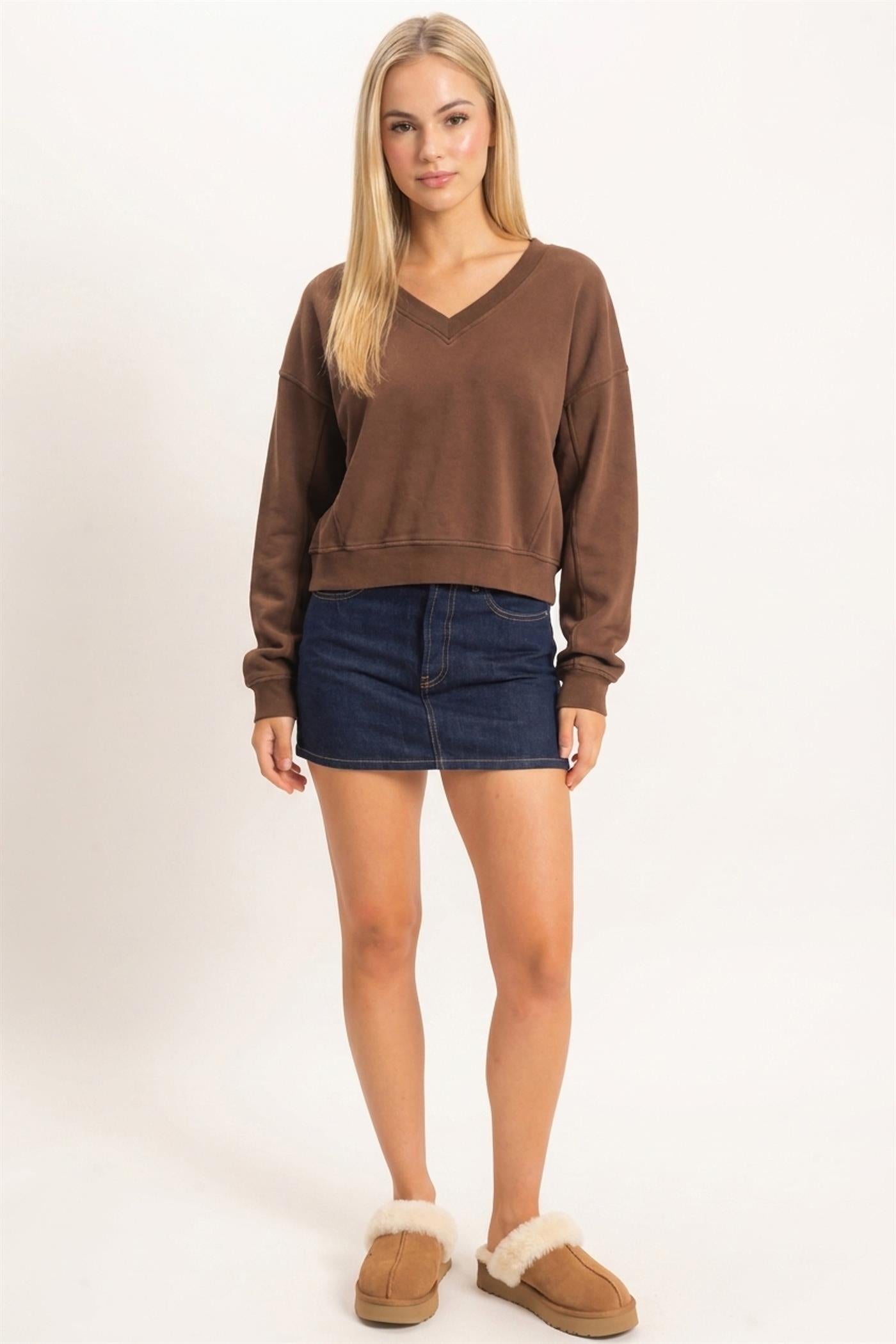 Wholesale Snow Wash V-Neck Sweatshirt Sweatshirts DZ26C844 DARK BROWN DOUBLE ZERO