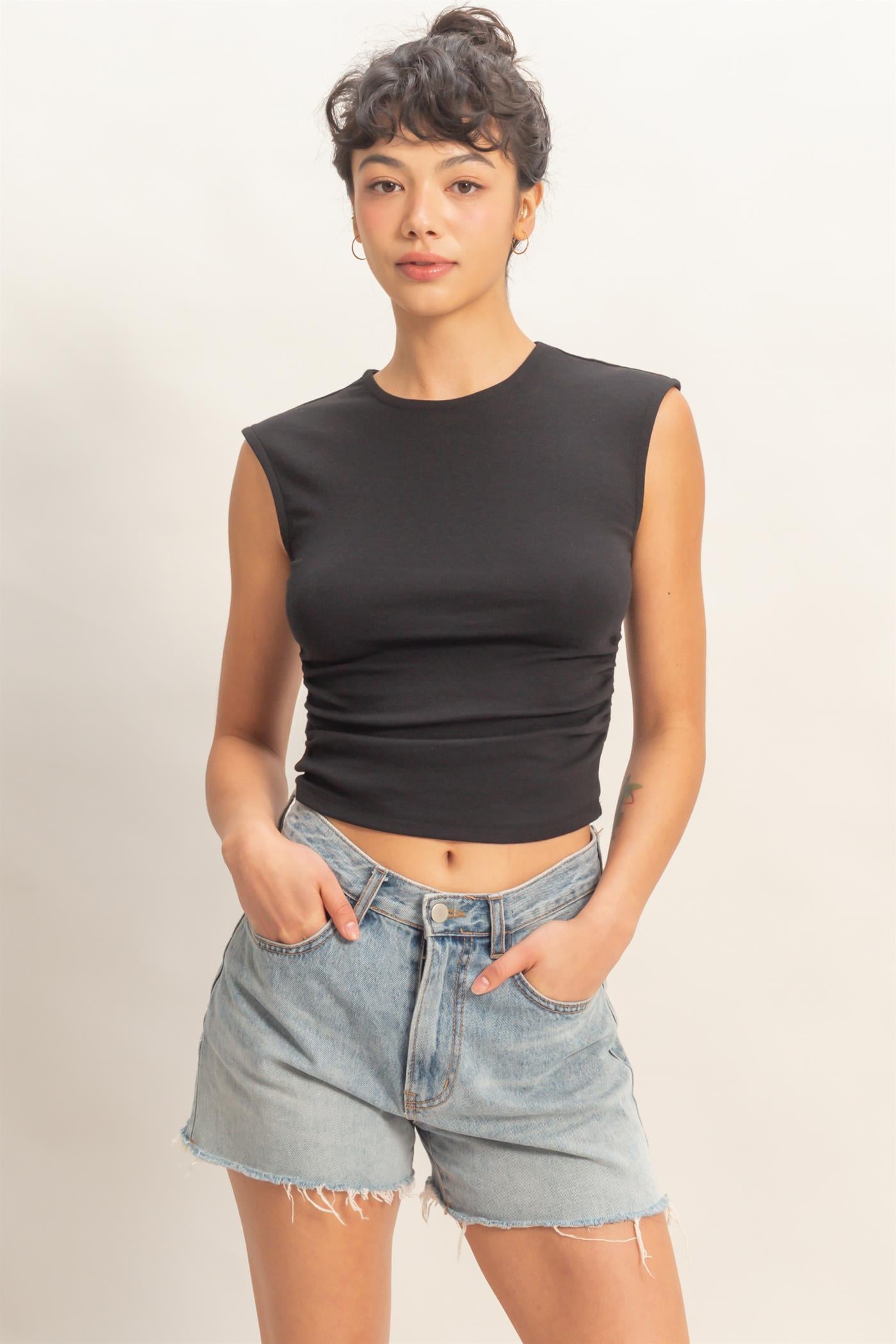 Wholesale Ruched Waist Cap Sleeve Top Clothing Tops DZ26A889 BLACK DOUBLE ZERO