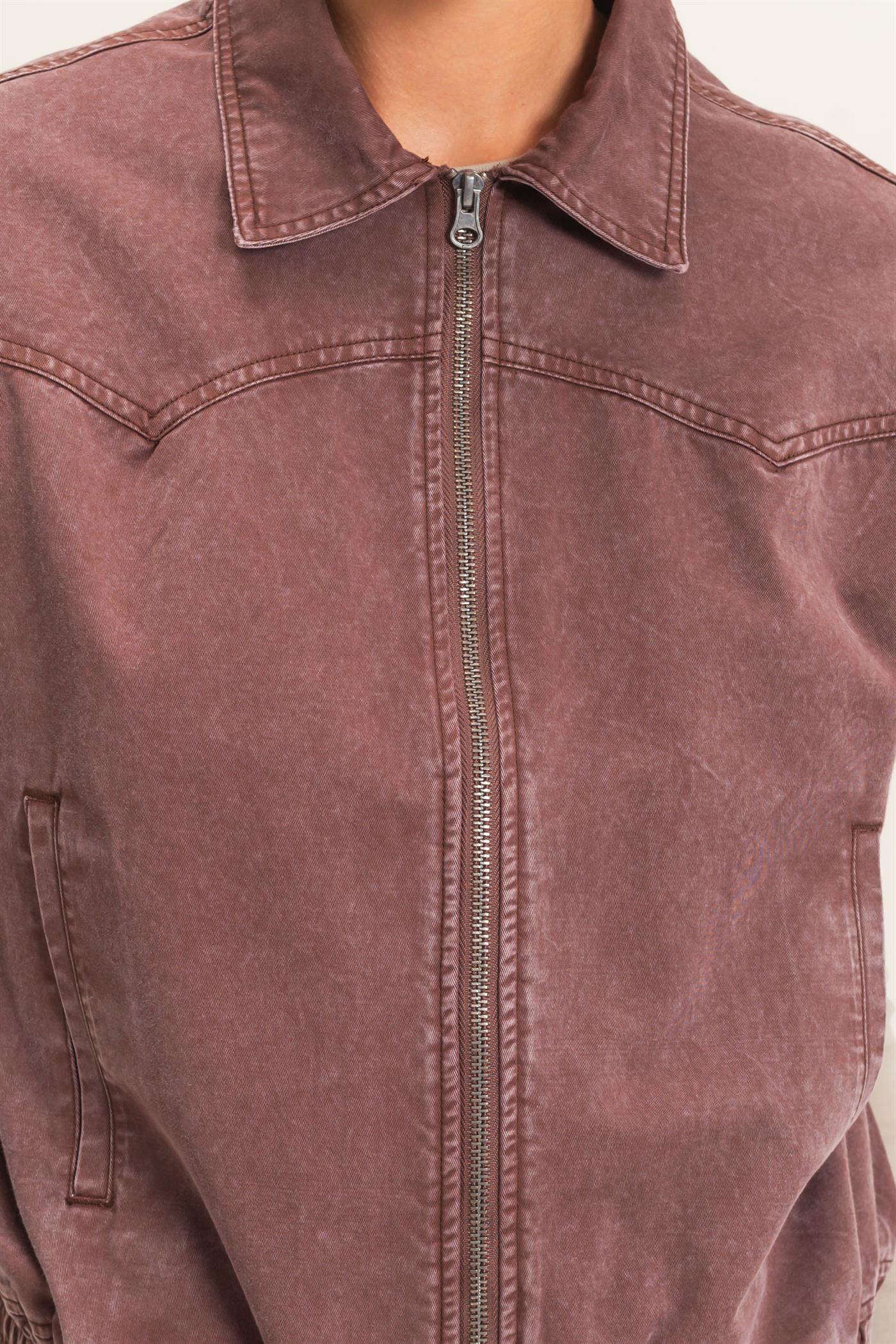 Wholesale Mineral Wash Sleeveless Zip-Up Collar Vest Vests DZ26E392 DARK BROWN DOUBLE ZERO