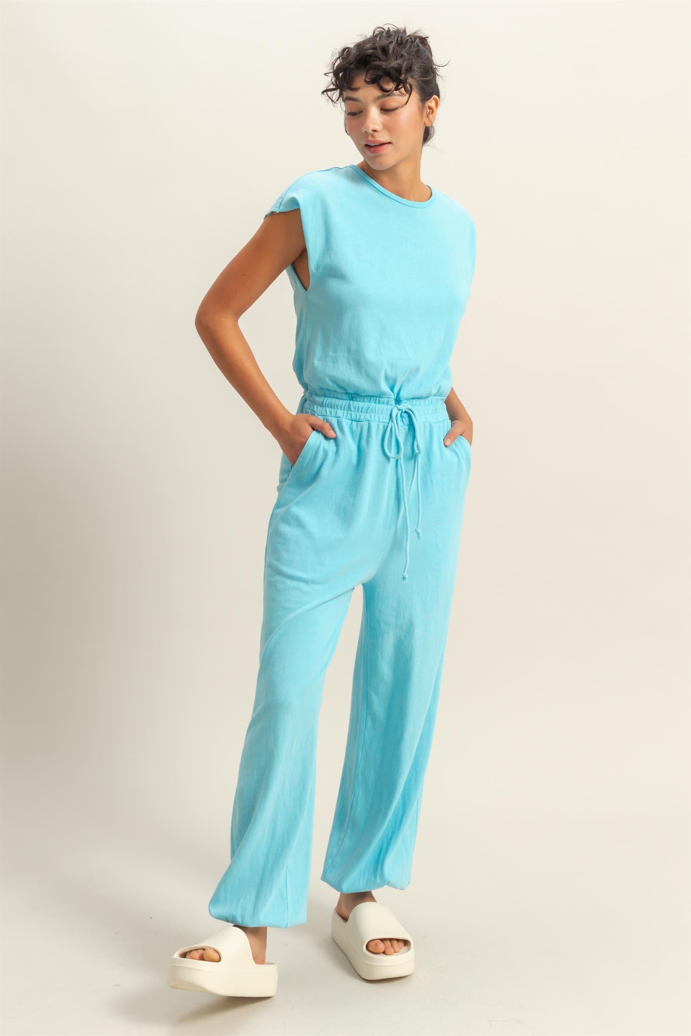 Wholesale Short Sleeve Casual Jumpsuit Clothing DZ24C619 AQUA BLUE DOUBLE ZERO