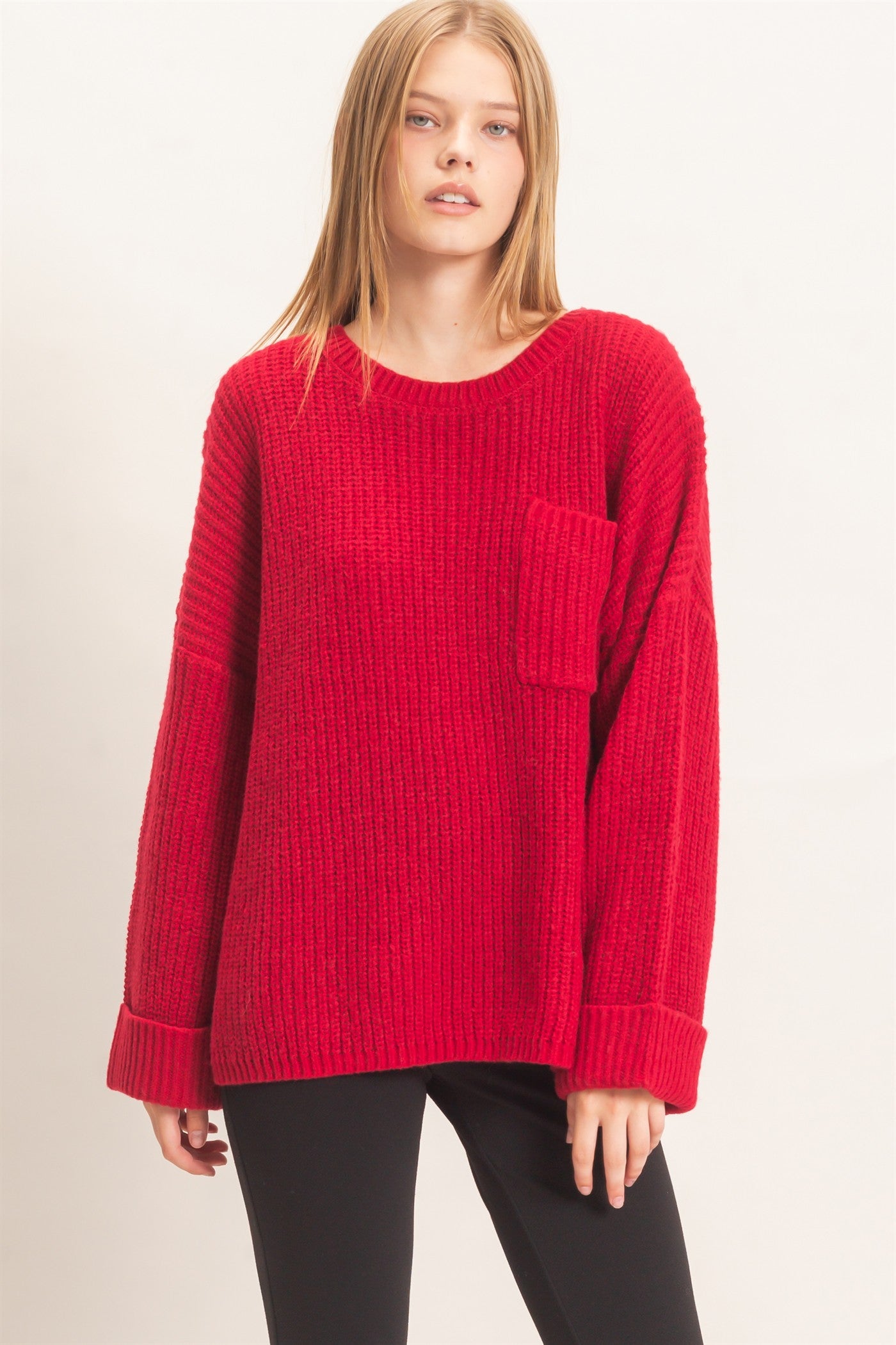 Wholesale Ribbed Knit Patch Pocket Sweater Sweaters HF26F177 BURGUNDY HYFVE