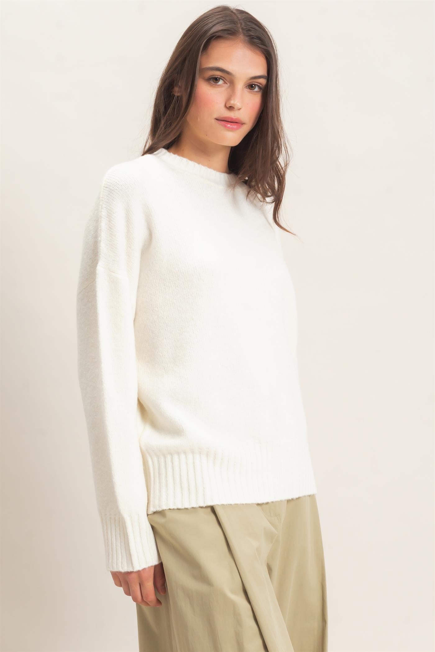 Wholesale Ribbed Crew Neck Sweater Sweaters HF26F179-D CREAM HYFVE