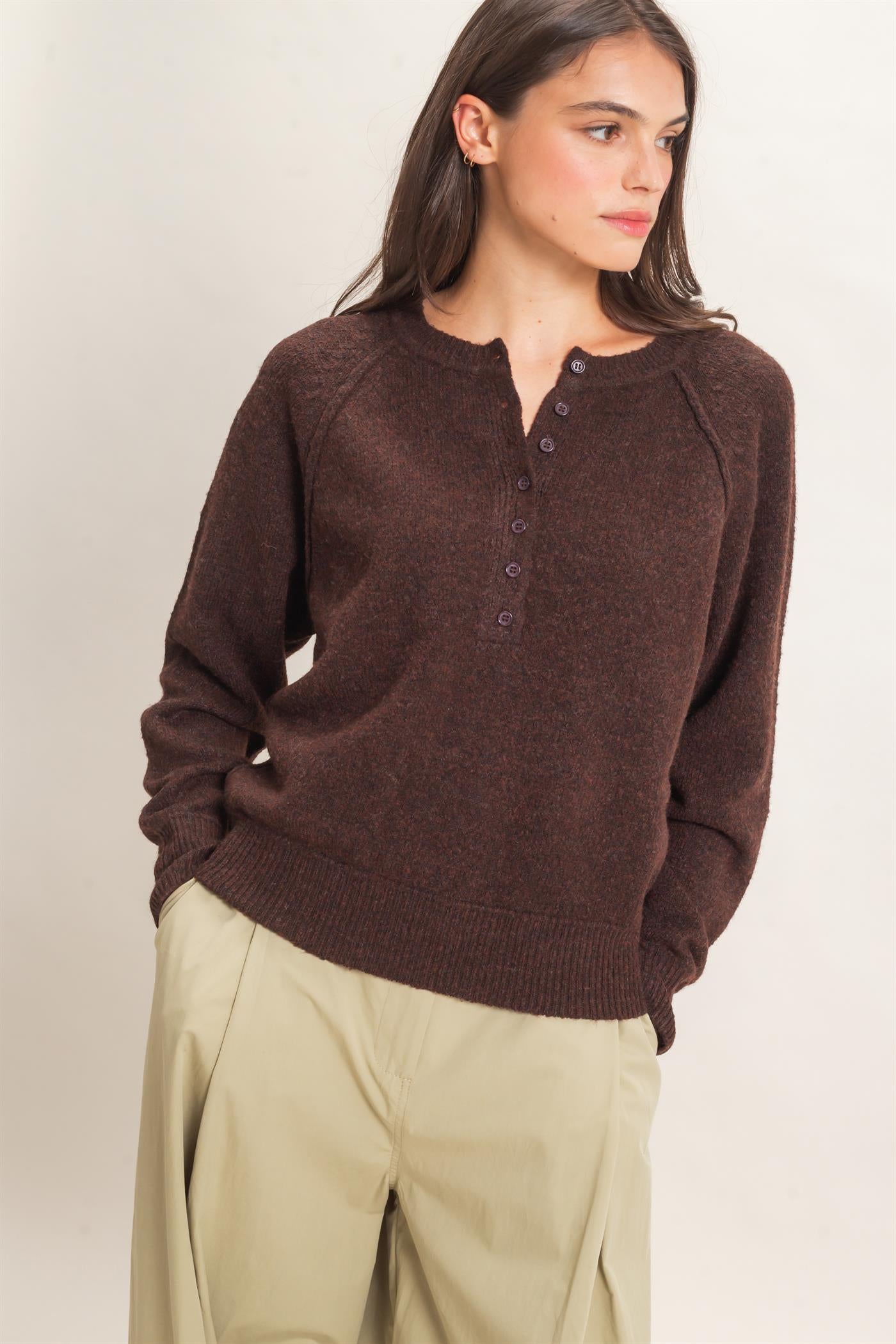 Wholesale Button Front Raglan Sweater Sweaters HF26E152 BROWN HYFVE