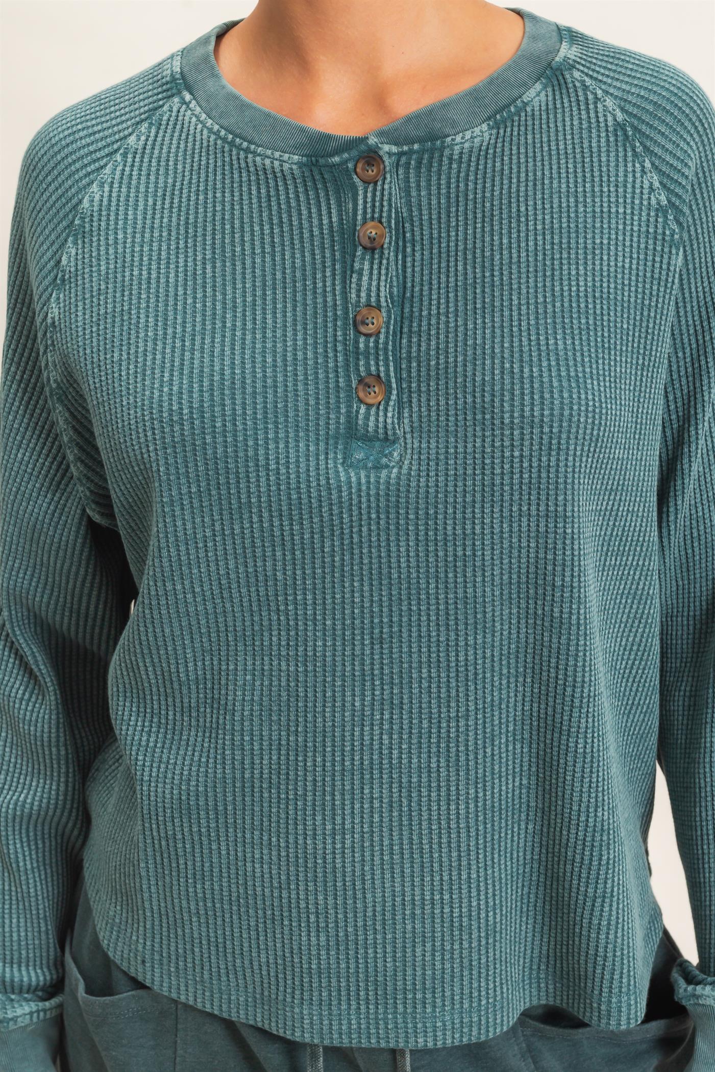 Wholesale Mineral Wash Waffle Knit Henley Top Sweatshirts DZ26E947 DARK TEAL DOUBLE ZERO