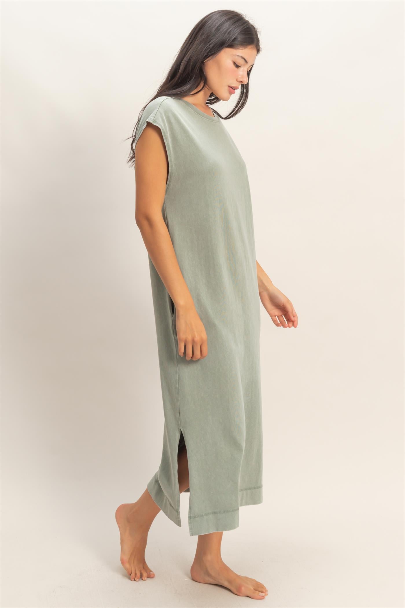 Wholesale Mineral Wash Cap Sleeve Midi Dress Dresses DZ26A049 SAGE GREEN DOUBLE ZERO