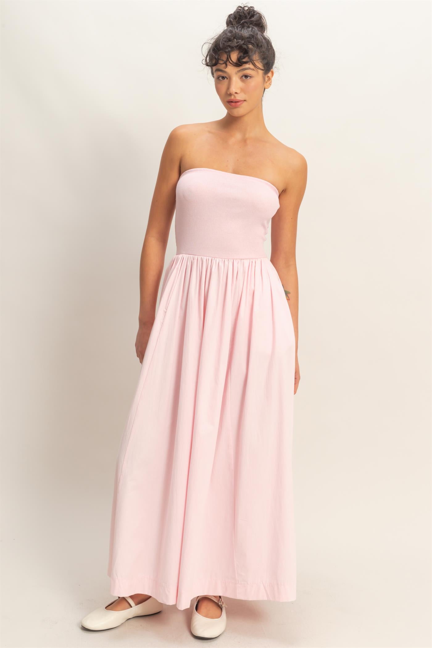 Wholesale Strapless Flowy Midi Dress Dresses DZ26A744 SOFT PINK DOUBLE ZERO