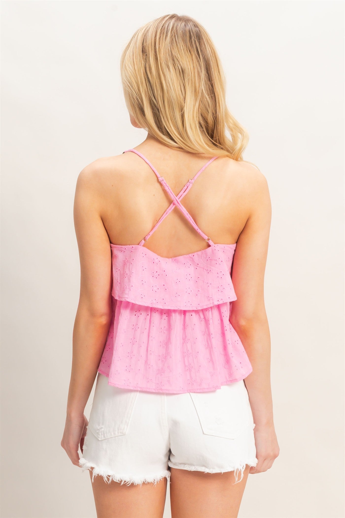 Wholesale Tiered Floral Eyelet Top Blouses HF26A852 PINK HYFVE