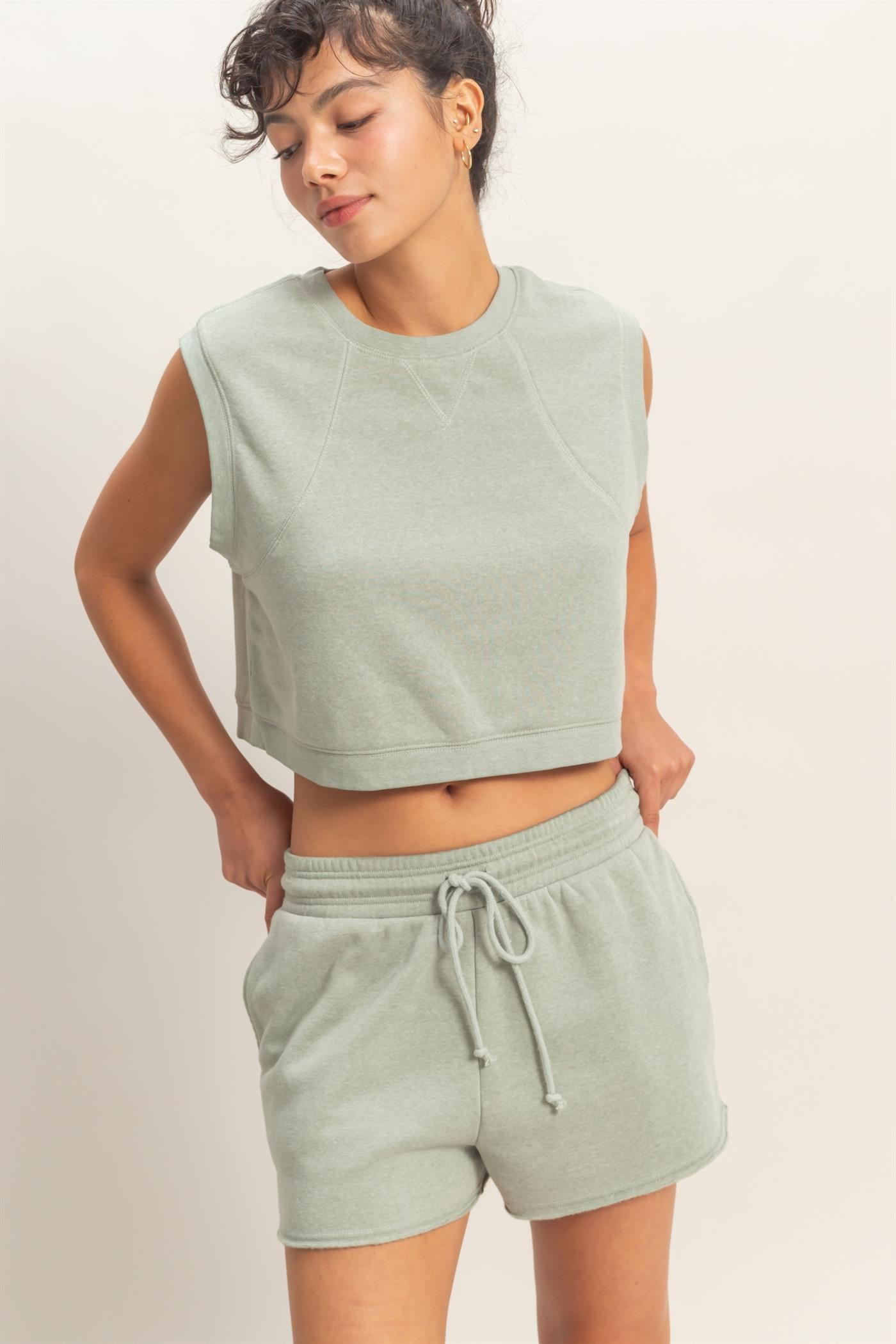 Wholesale Burnout French Terry Sleeveless Top & Shorts Set Clothing Tops DZ26A171-SET SAGE GREEN DOUBLE ZERO