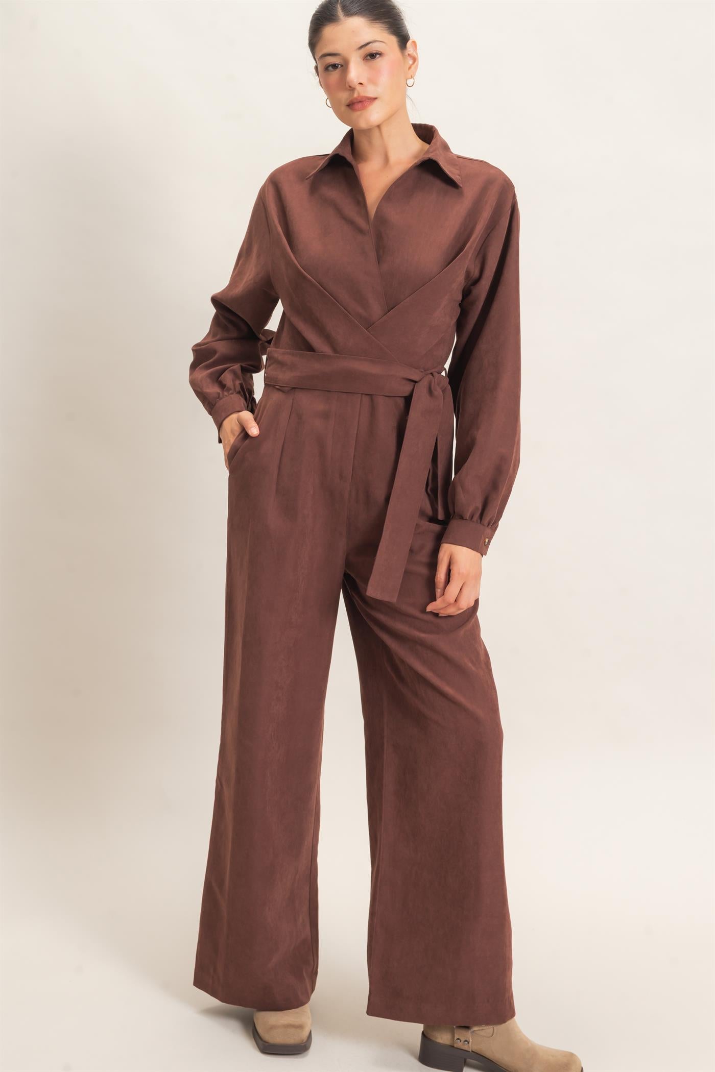 Wholesale Collared Wrap Suede Jumpsuit Clothing HF26C905 BROWN HYFVE