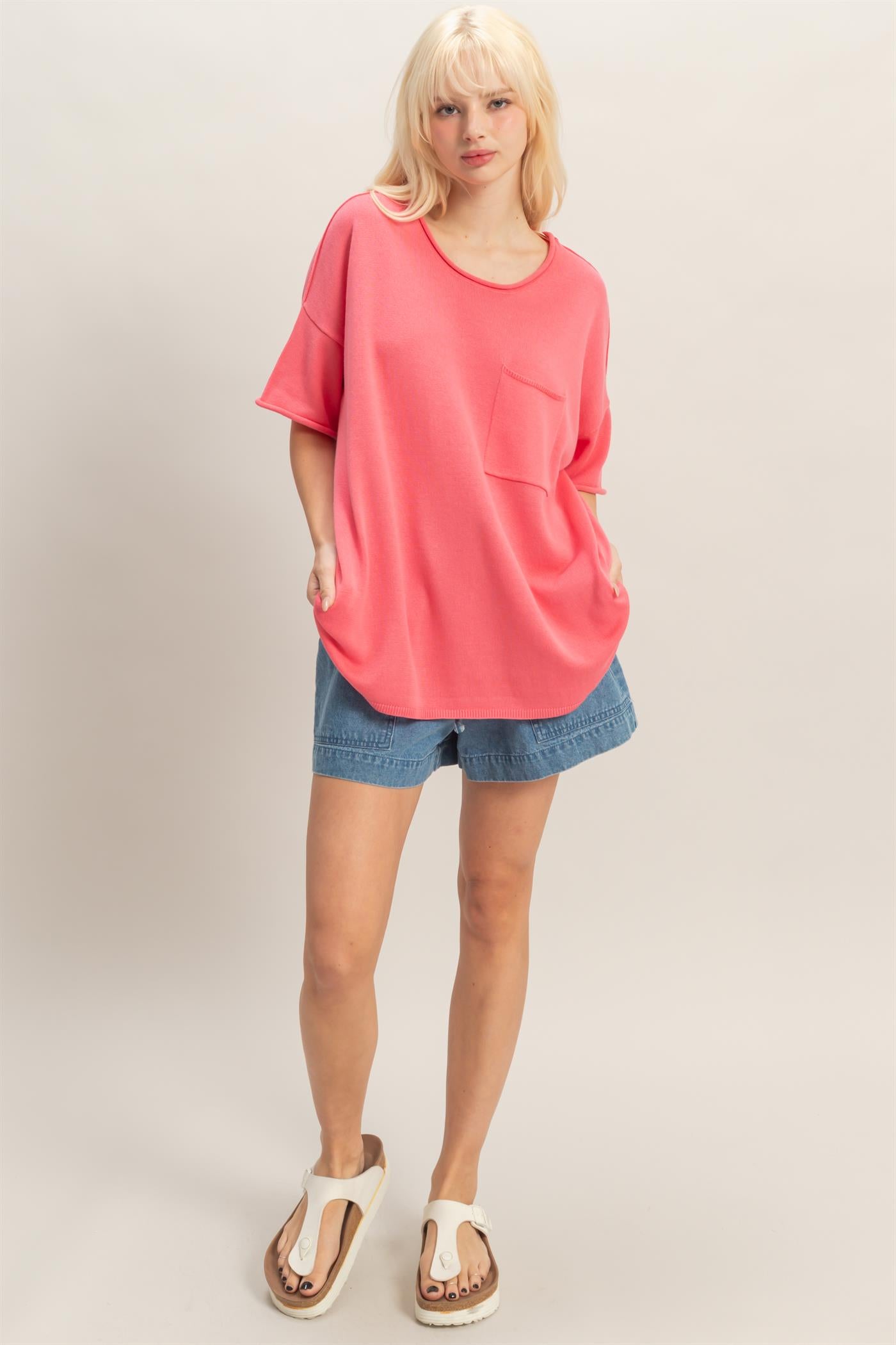 Wholesale Oversized Short Sleeve Round Neck Pocket Knit Top Clothing Tops DZ26A691 TAFFY PINK DOUBLE ZERO