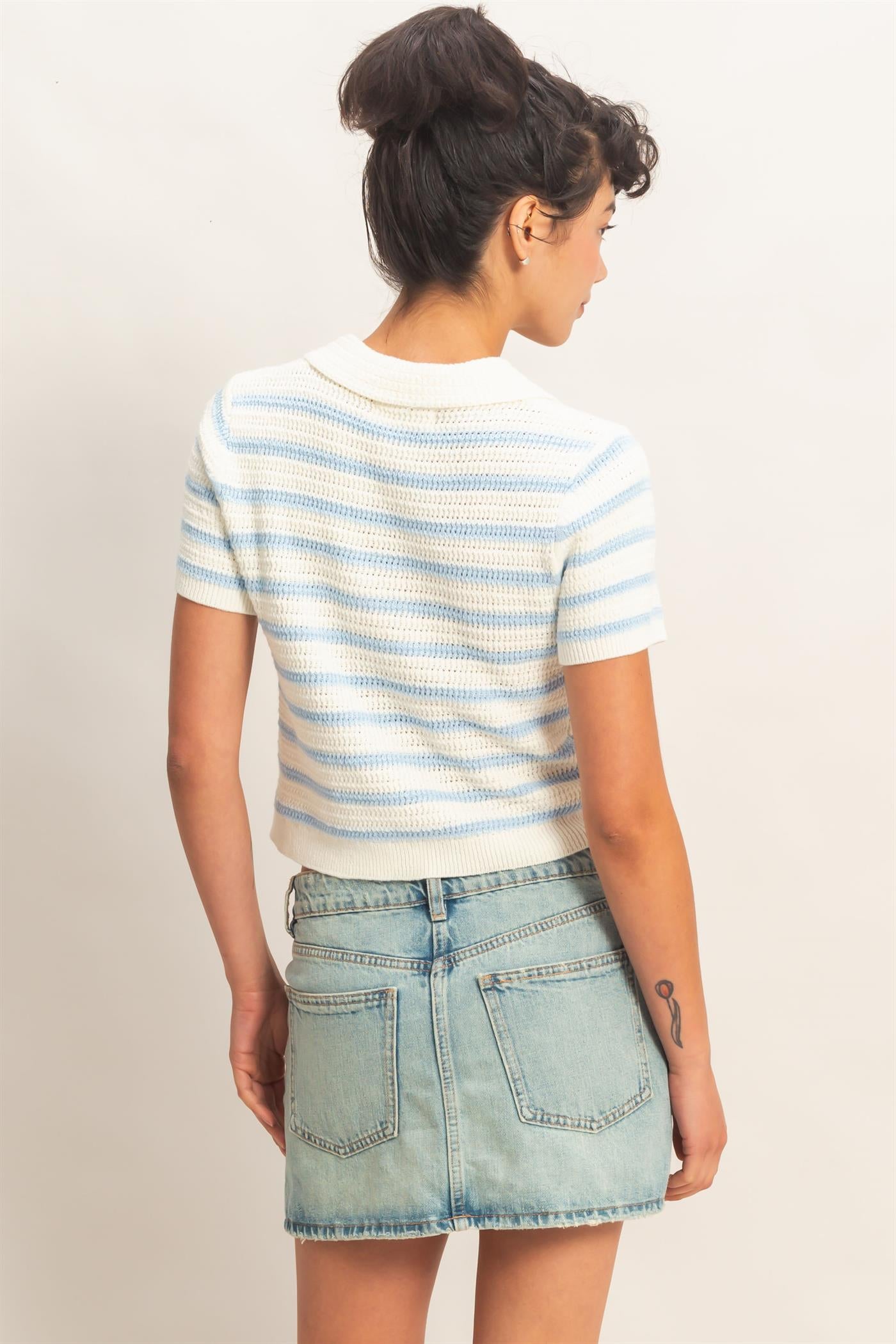 Wholesale Short Sleeve Striped Knit Polo Clothing Tops DZ26A603 ICE BLUE DOUBLE ZERO