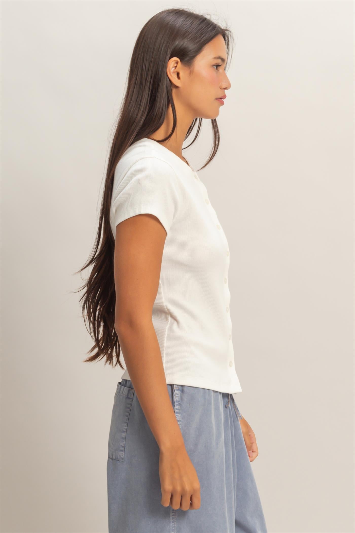 Wholesale Ribbed Button-Front Crew Neck Top Clothing Tops DZ26A727 OFF WHITE DOUBLE ZERO