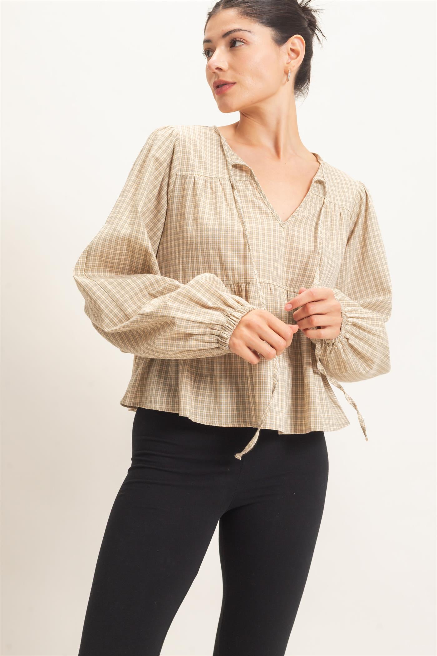 Wholesale Checkered Tie Neck Top Clothing Tops HF26E732 CREAM HYFVE