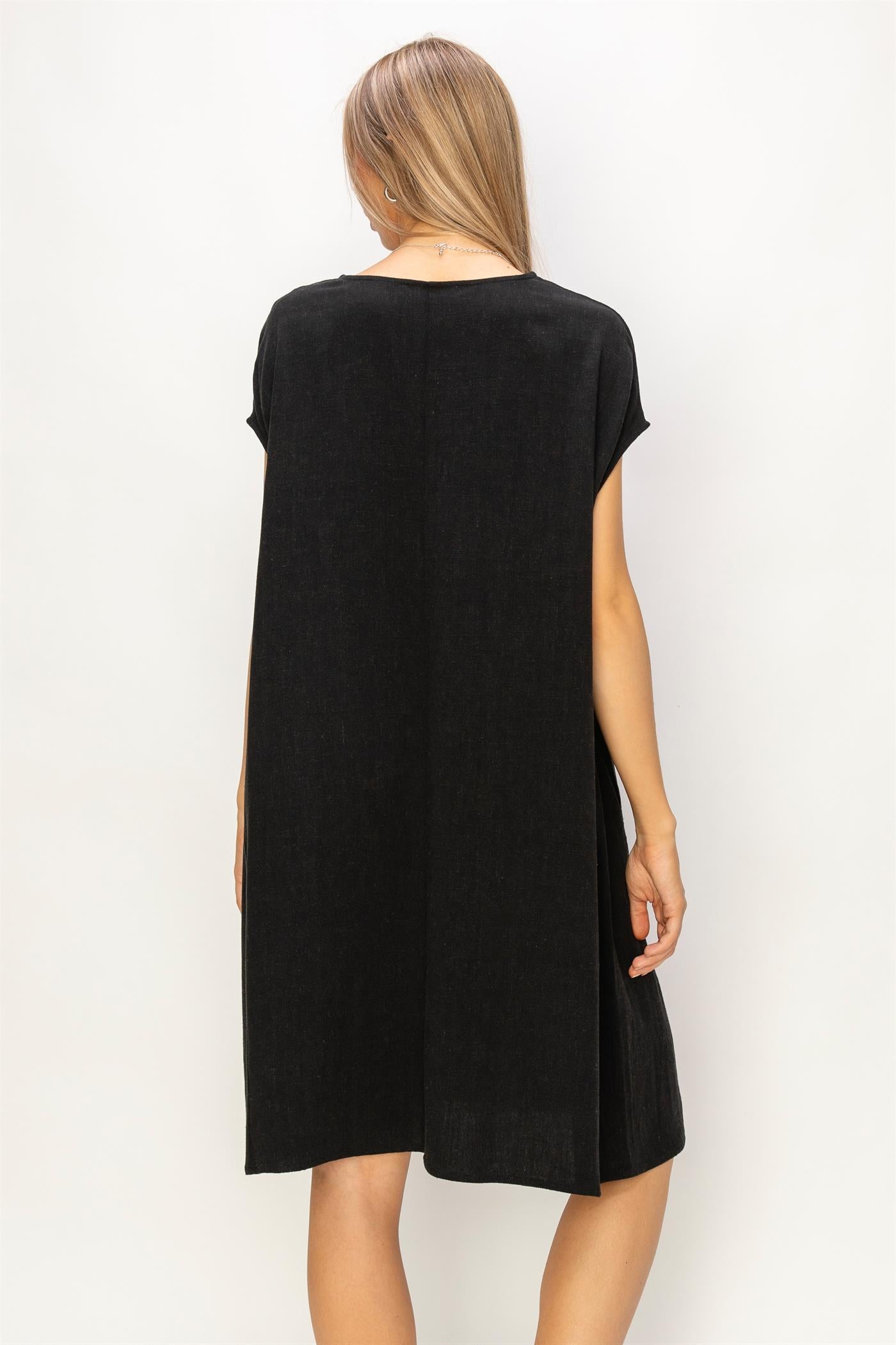 Wholesale V-Neck Oversized Linen Midi Dress Dresses DZ23E033-D BLACK DOUBLE ZERO