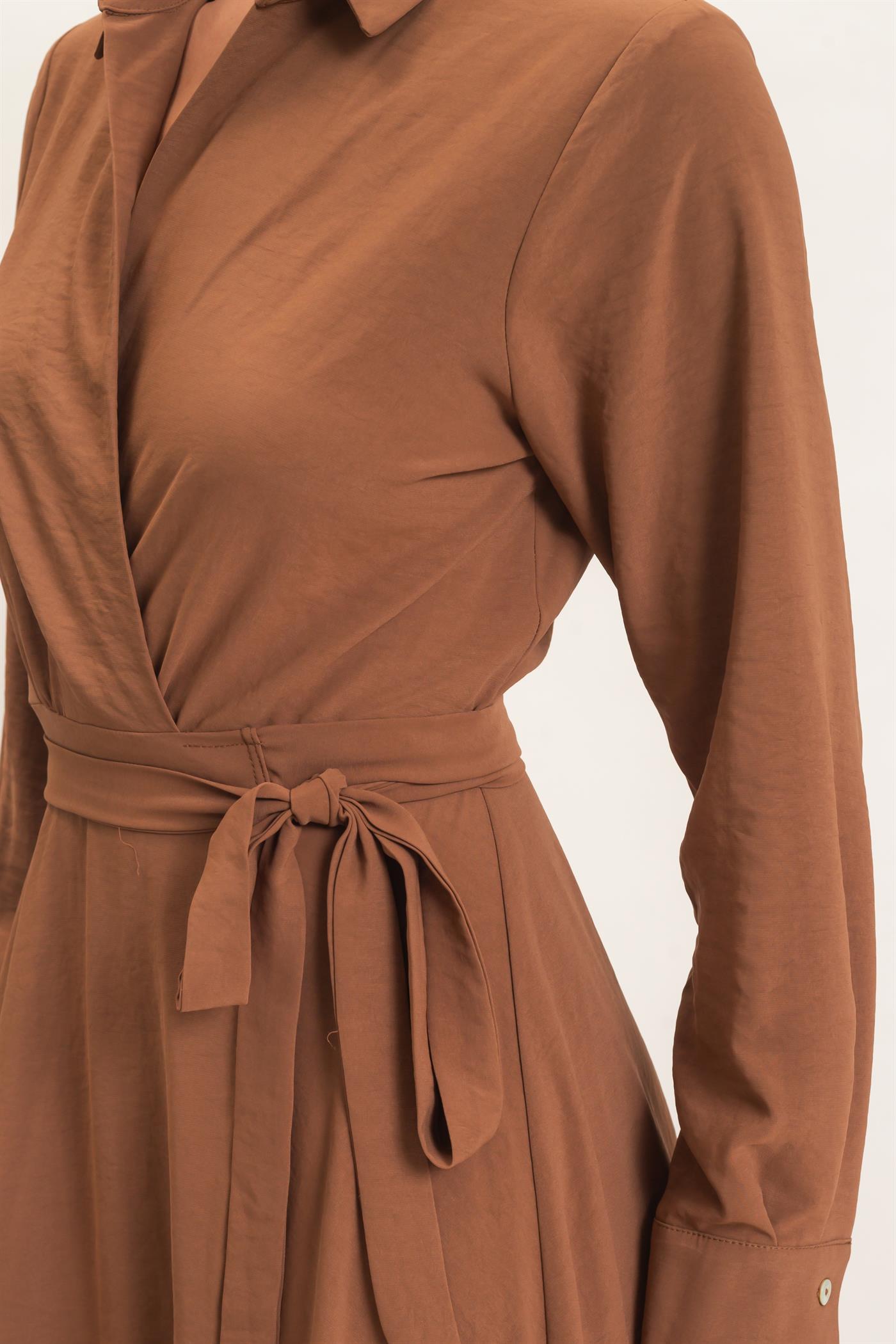 Wholesale Collared Wrap Shirt Dress Dresses HF25E869 BROWN HYFVE