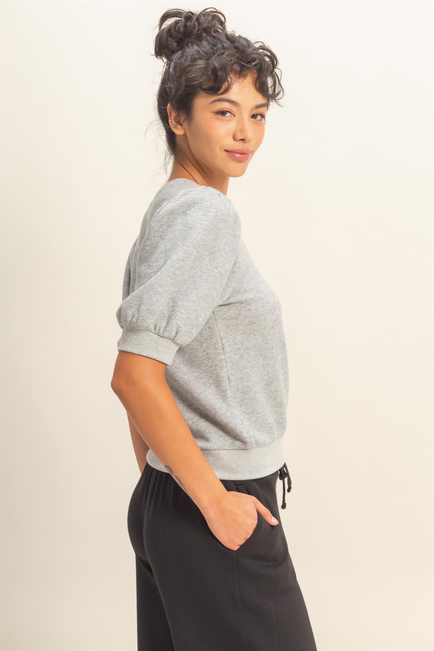 Wholesale Puff Short Sleeve Crew Neck Top Clothing Tops DZ26A927 HEATHER GRAY DOUBLE ZERO