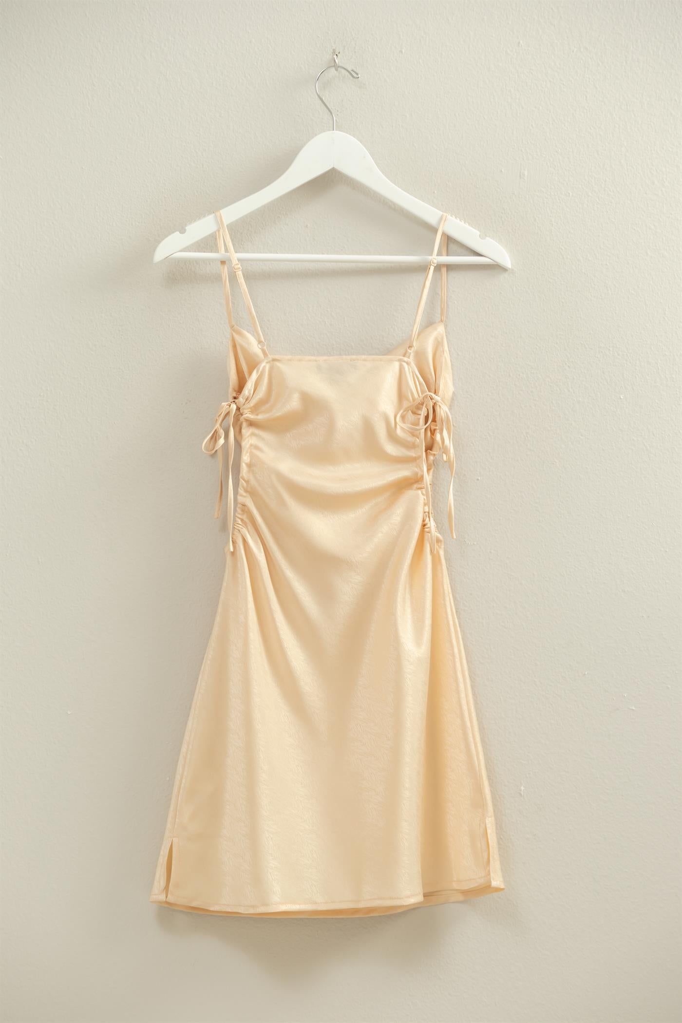 Wholesale Satin Ruched Side Cutout Mini Dress Dresses FS22A672 SAND HYFVE