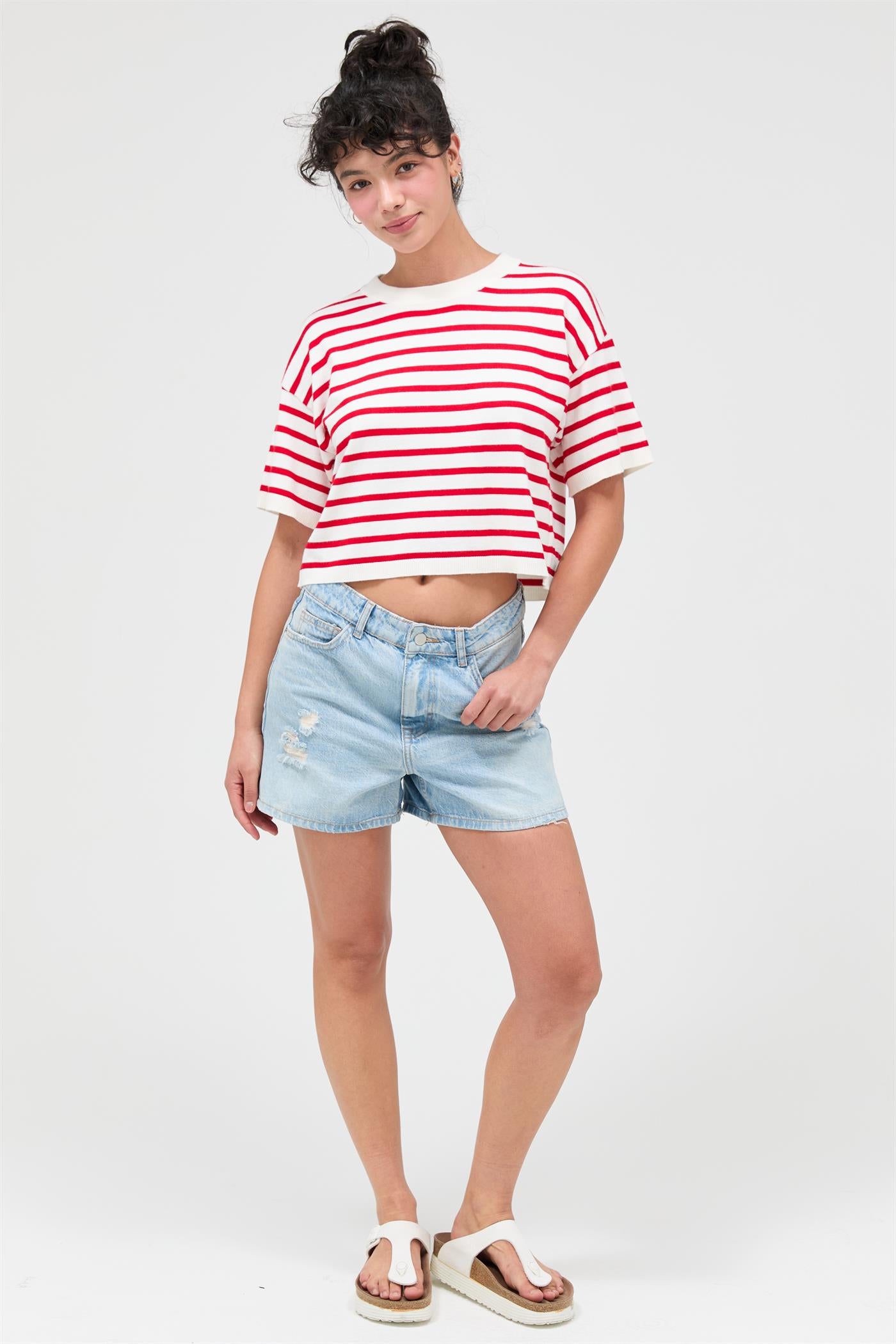 Wholesale Round Neck Striped Crop Top Clothing Tops DZ26A051 RED DOUBLE ZERO