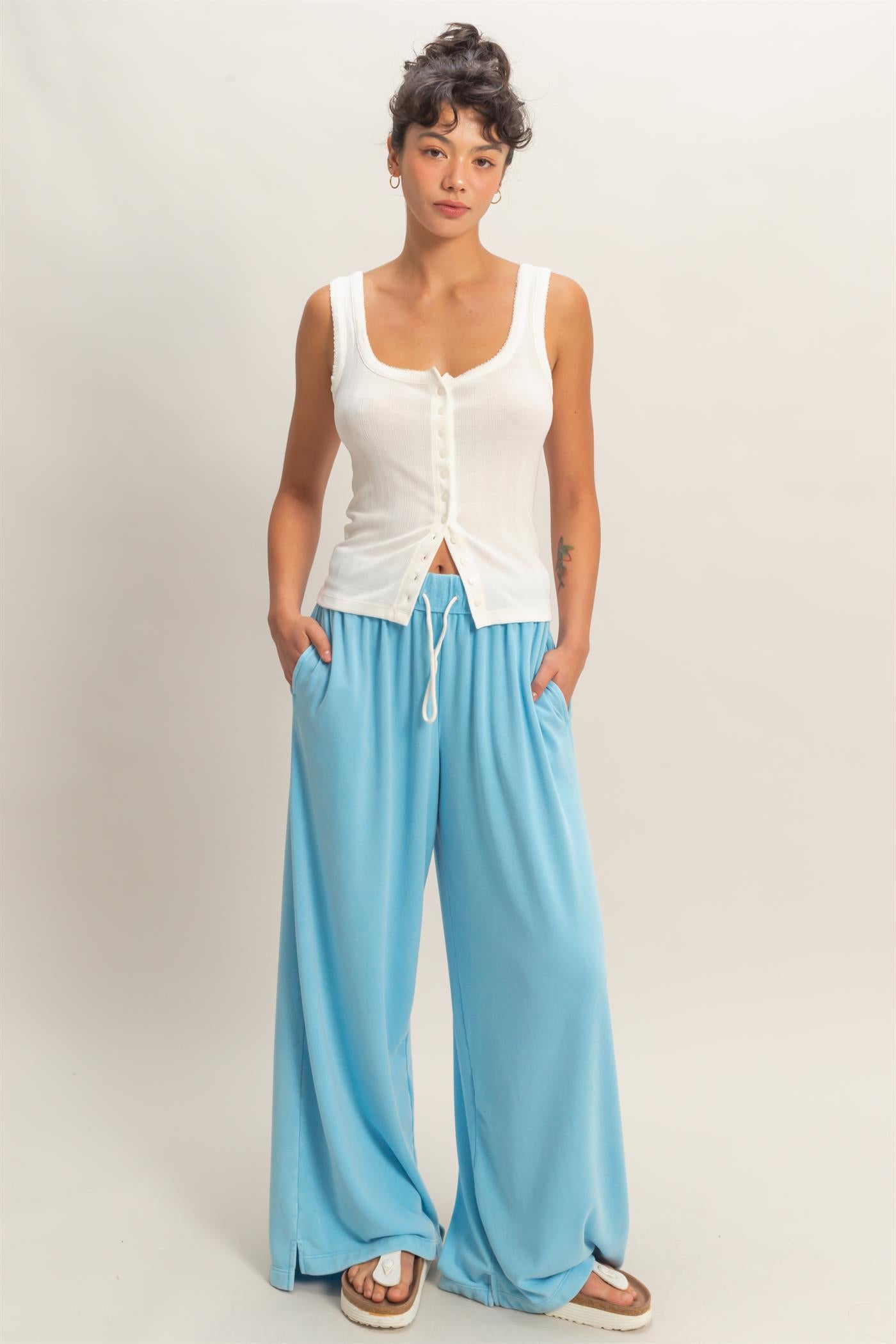 Wholesale Pointelle Button Front Scoop Neck Tank Top Tank Tops DZ26A775 WHITE DOUBLE ZERO