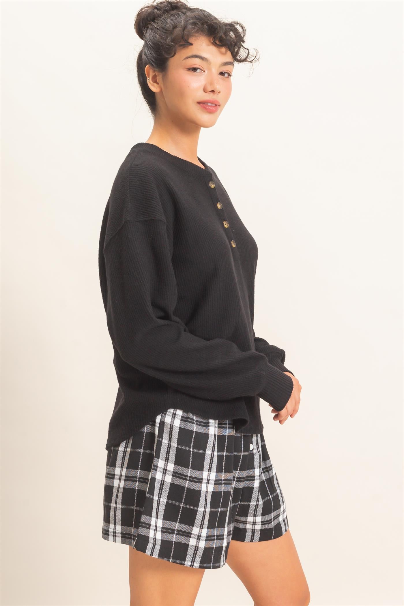 Wholesale Brushed Waffle Henley Top Clothing Tops DZ26F314 BLACK DOUBLE ZERO