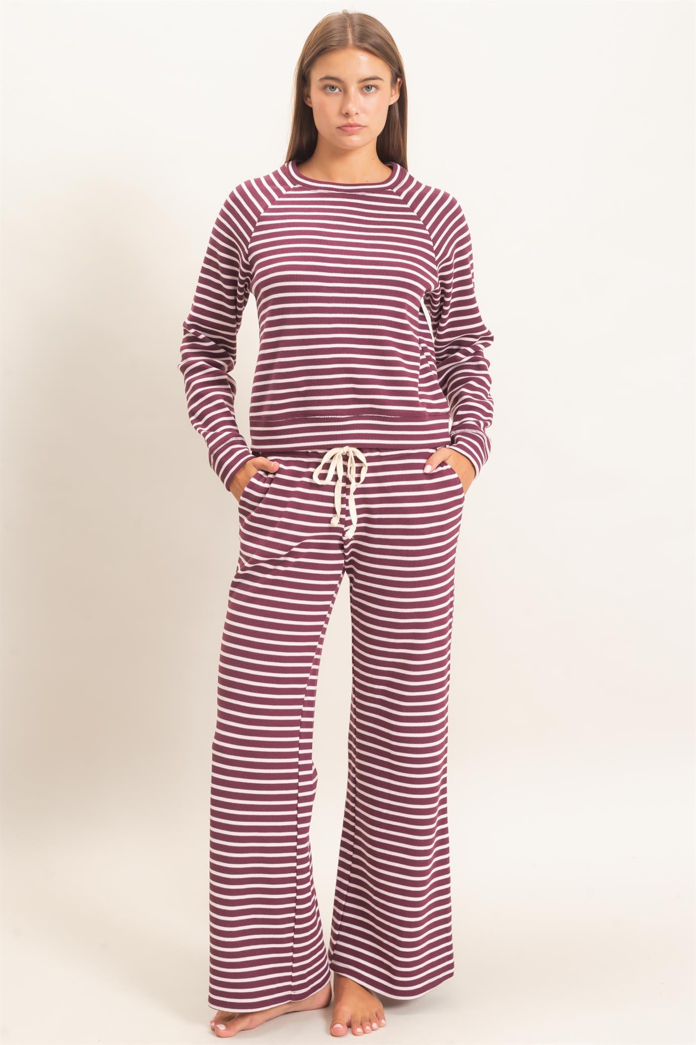 Wholesale Low Rise Striped Waffle Knit Pants Pants DZ26E553 DARK CHERRY DOUBLE ZERO