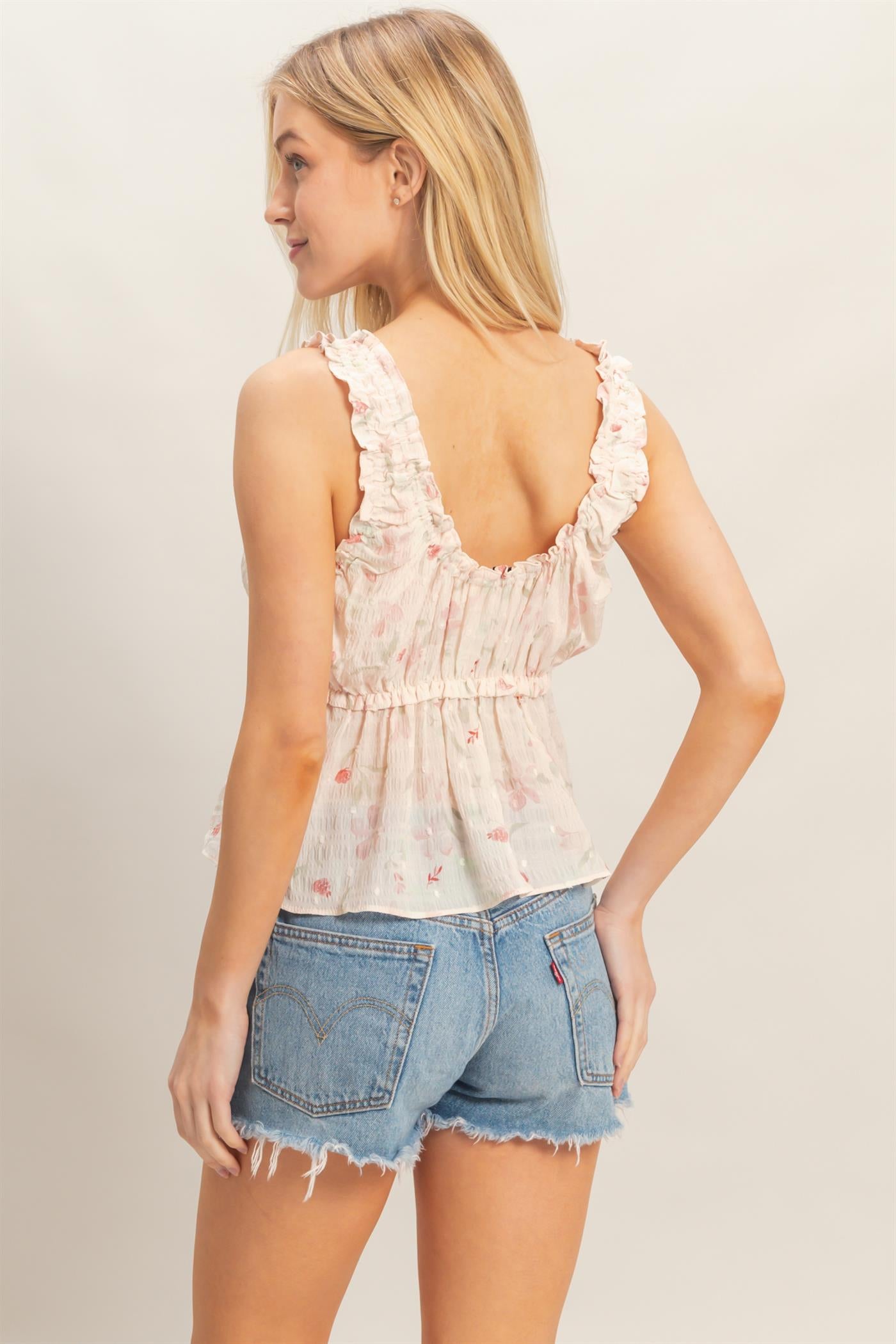 Wholesale Ruffled Swiss Dot Peplum Top Blouses HF26A146 ROSE HYFVE