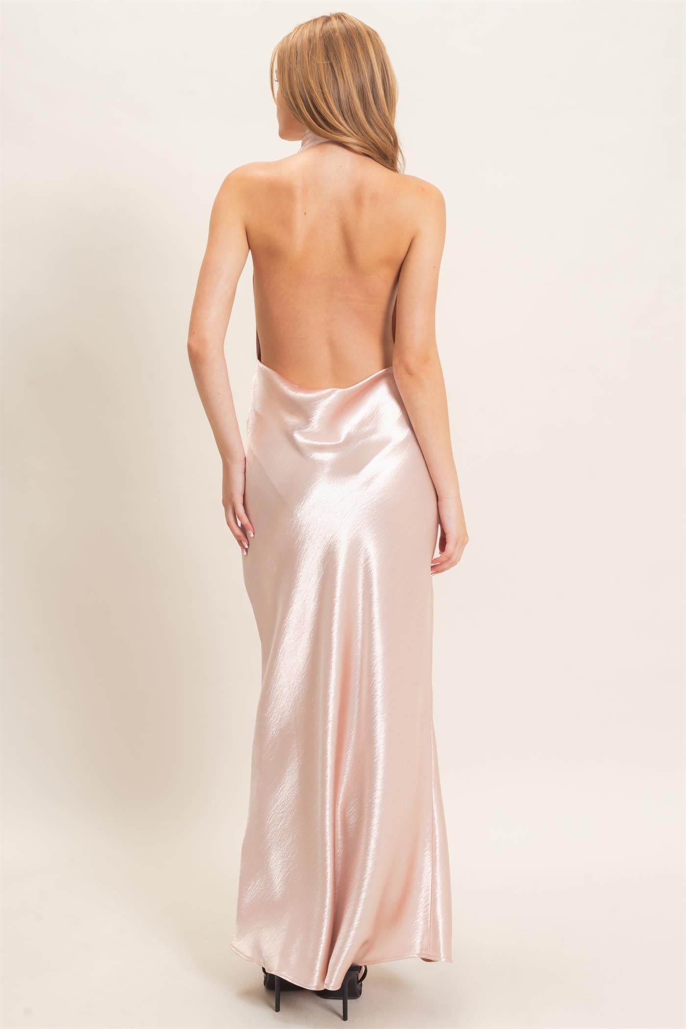 Wholesale Satin Cowl Neck Maxi Dress Dresses HF26F216-D BLUSH HYFVE