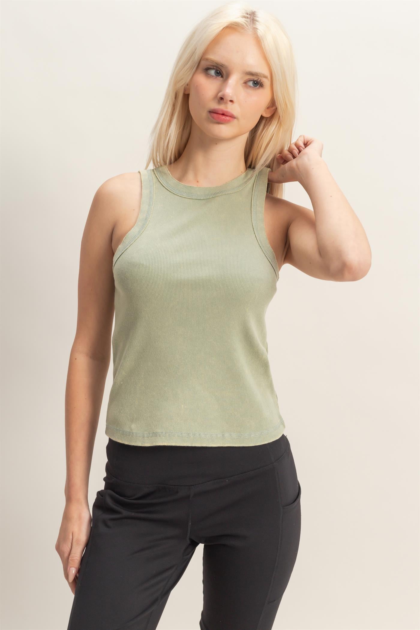 Wholesale Acid Washed Ribbed Tank Top Tank Tops DZ26A336 SAGE GREEN DOUBLE ZERO