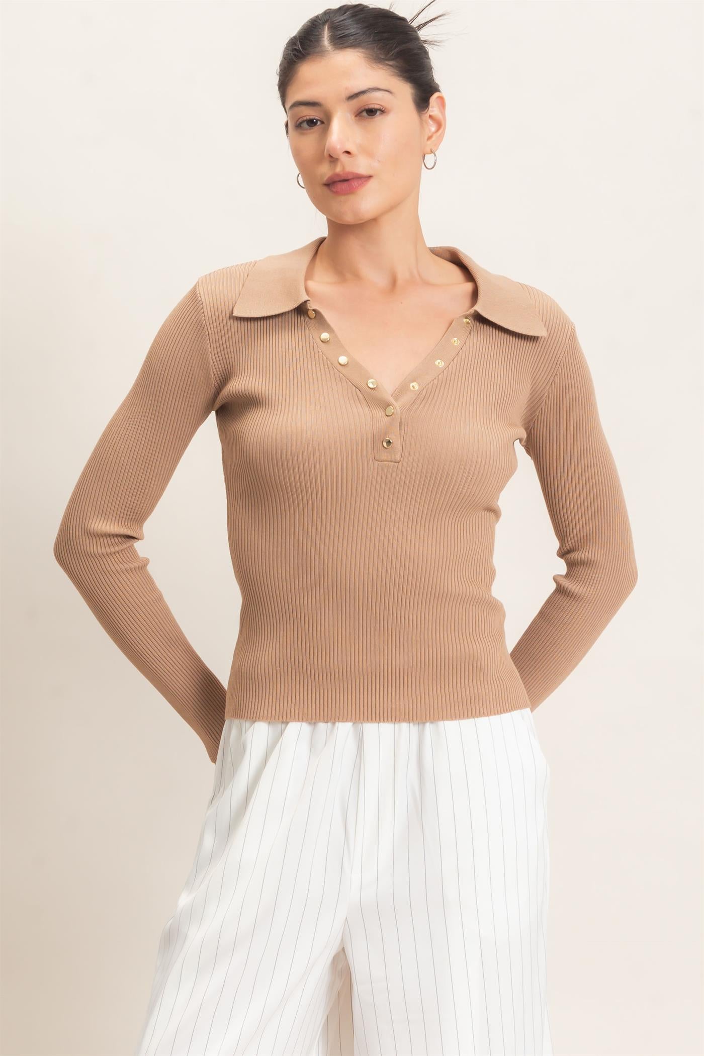Wholesale Ribbed V-Neck Sweater With Collar Clothing Tops HF26E684 TAUPE HYFVE