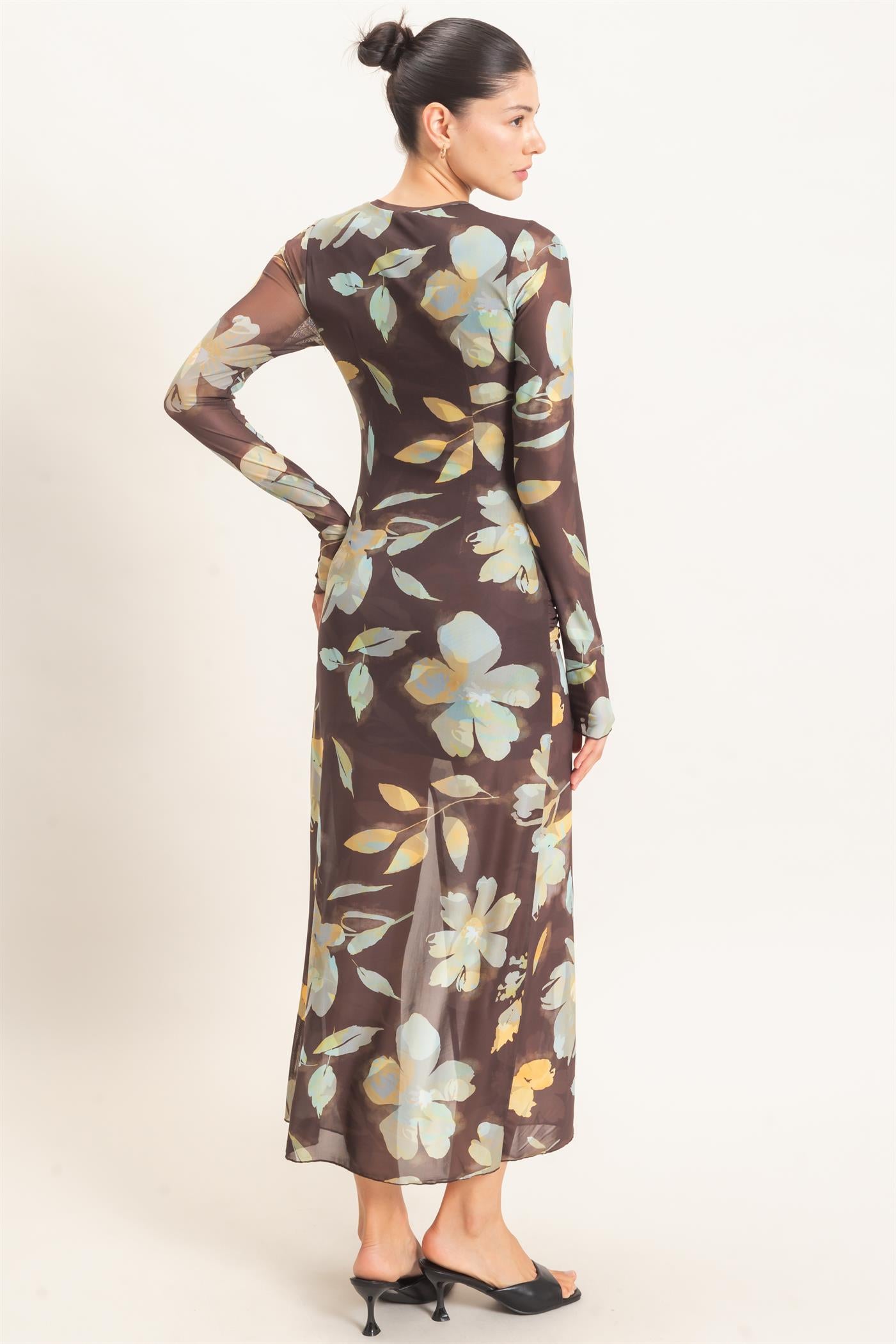 Wholesale Floral Mesh Knit Dress Dresses HF26E307 BROWN HYFVE