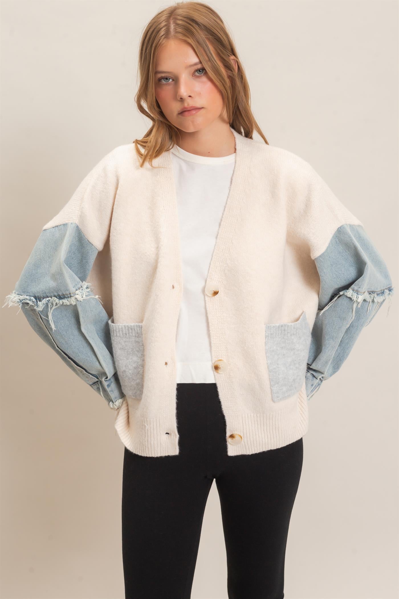 Wholesale V-Neck Cardigan With Distressed Denim Sleeves Cardigans HF26E838 OATMEAL HYFVE