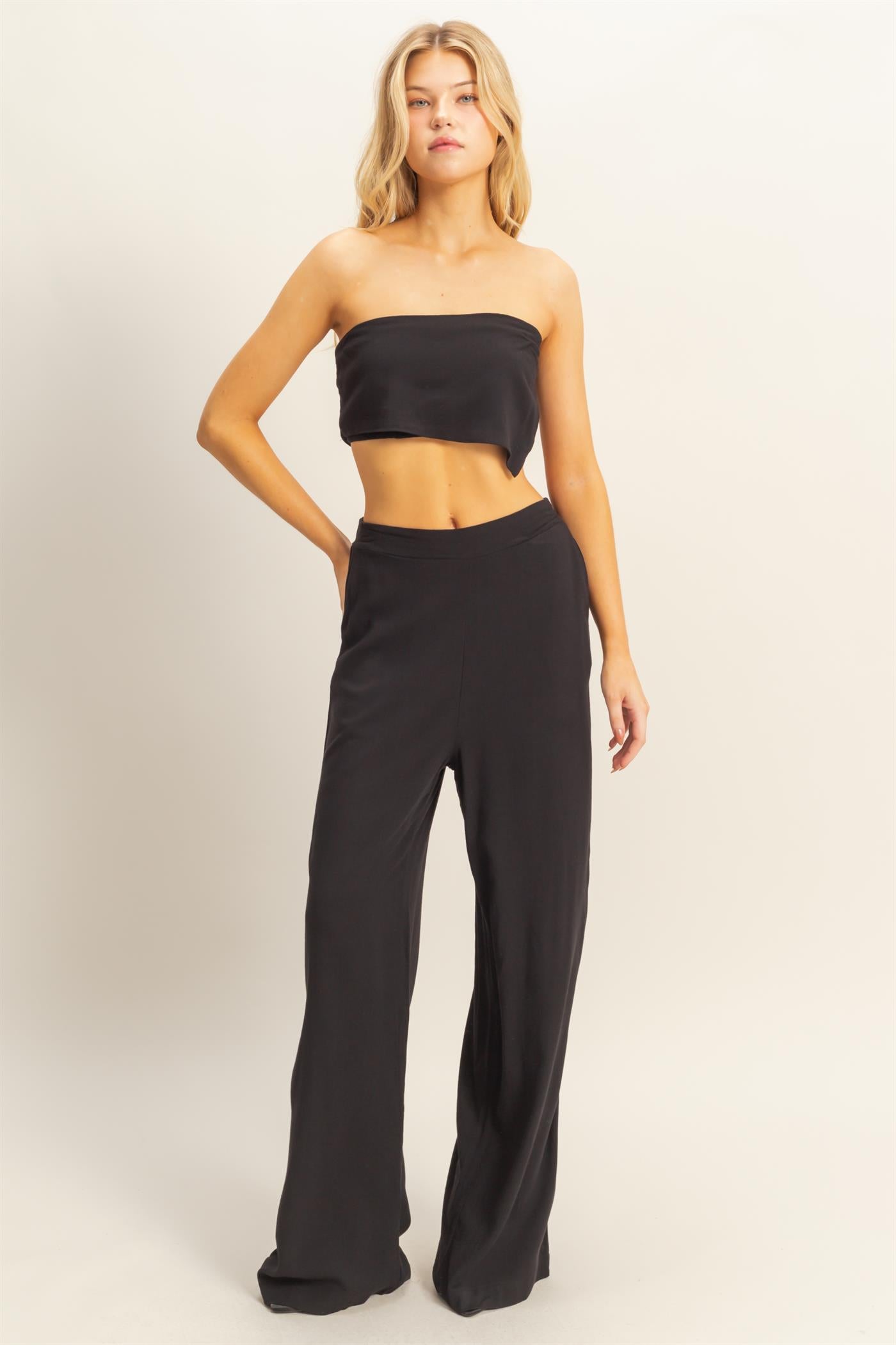 Wholesale Stretch Linen Top And Pants Set Clothing HF25E016-SET BLACK HYFVE
