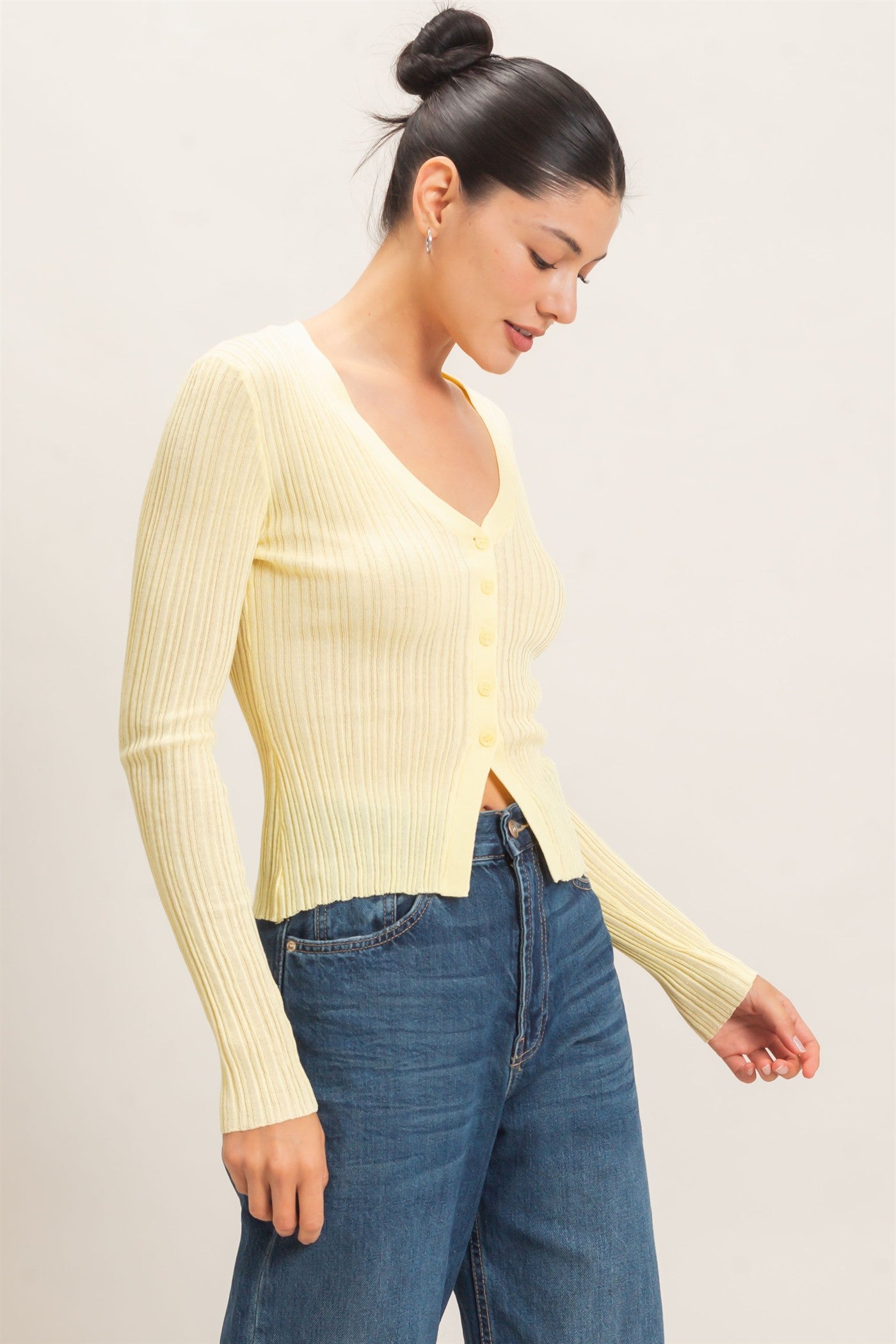 Wholesale Ribbed V-Neck Cardigan Cardigans HF26E154 PASTAL YELLOW HYFVE