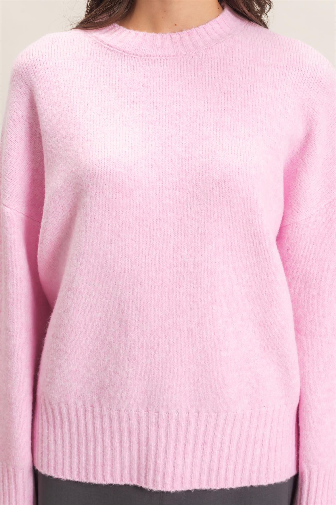 Wholesale Ribbed Crew Neck Sweater Sweaters HF26F179-D PINK HYFVE