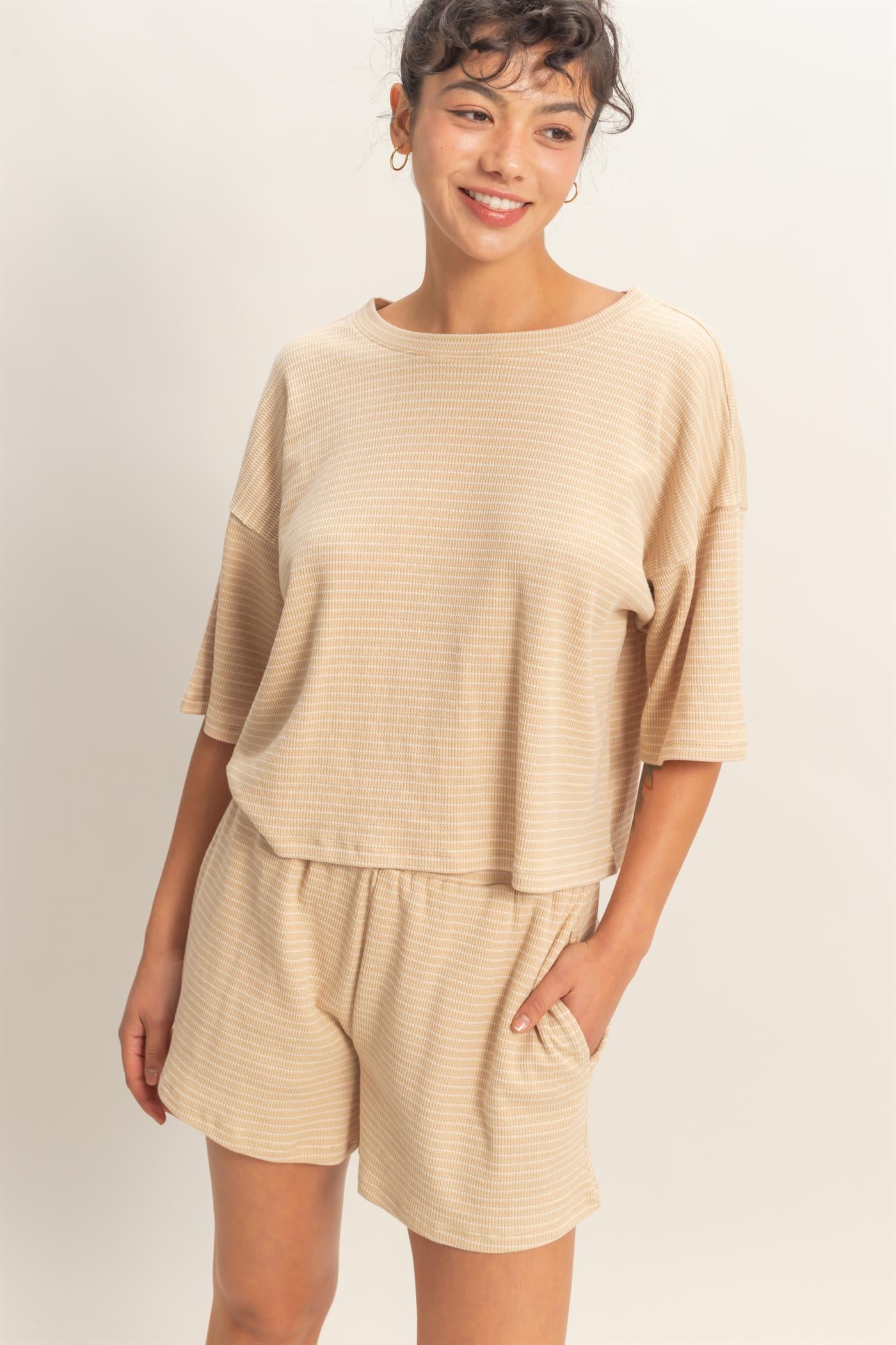 Wholesale Striped Round Neck Top & Shorts Set Clothing DZ26A045-SET TAUPE DOUBLE ZERO