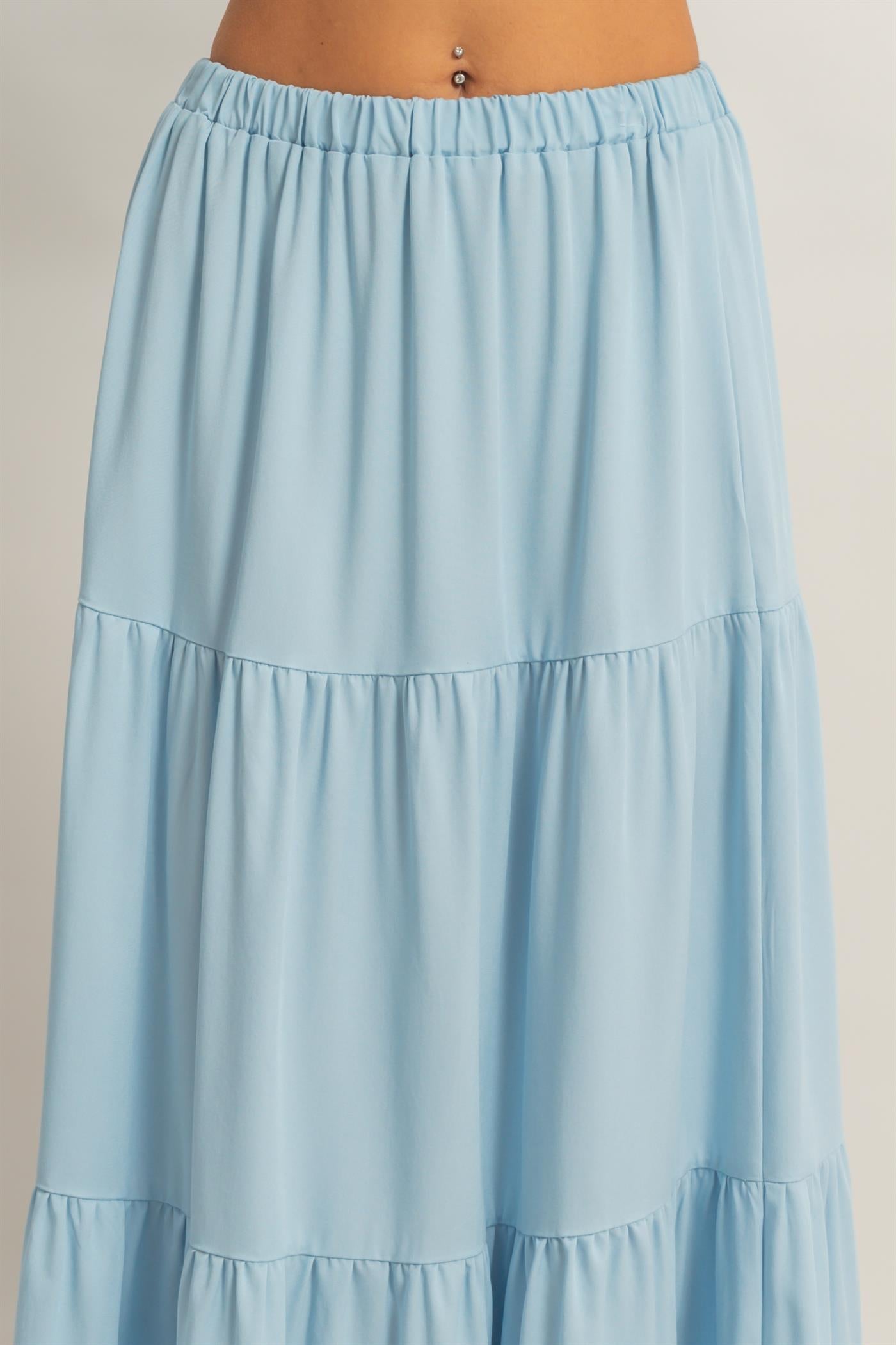 Wholesale Elastic Waist 3-Tier Skirt Skirts HF26E340-D L.BLUE HYFVE