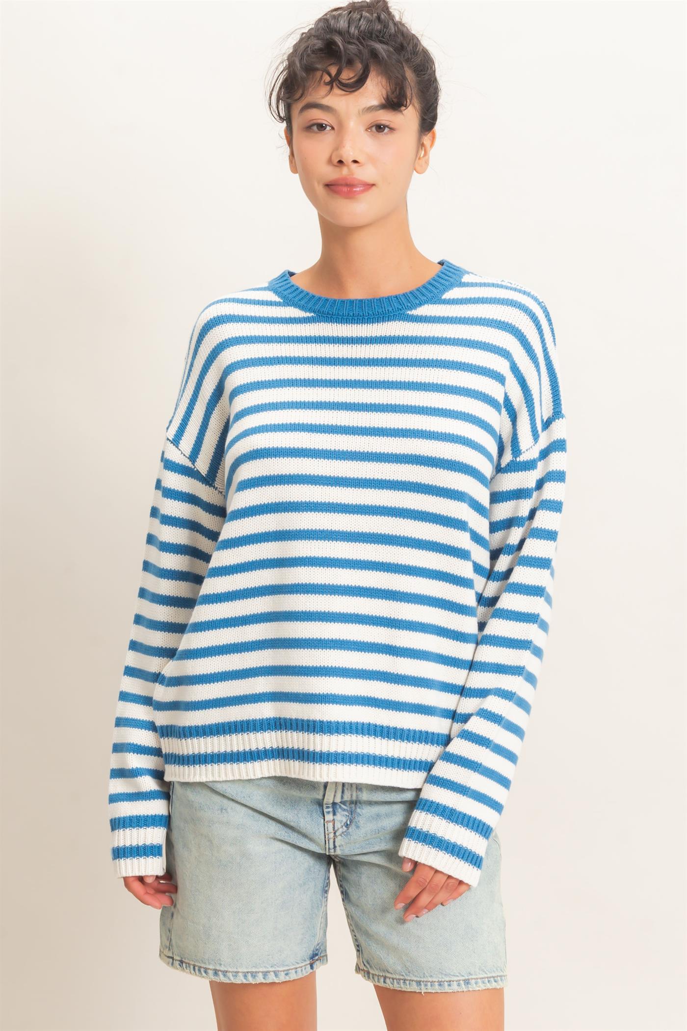 Wholesale Striped Crew Neck Sweater Sweaters DZ26E237 BLUE DOUBLE ZERO