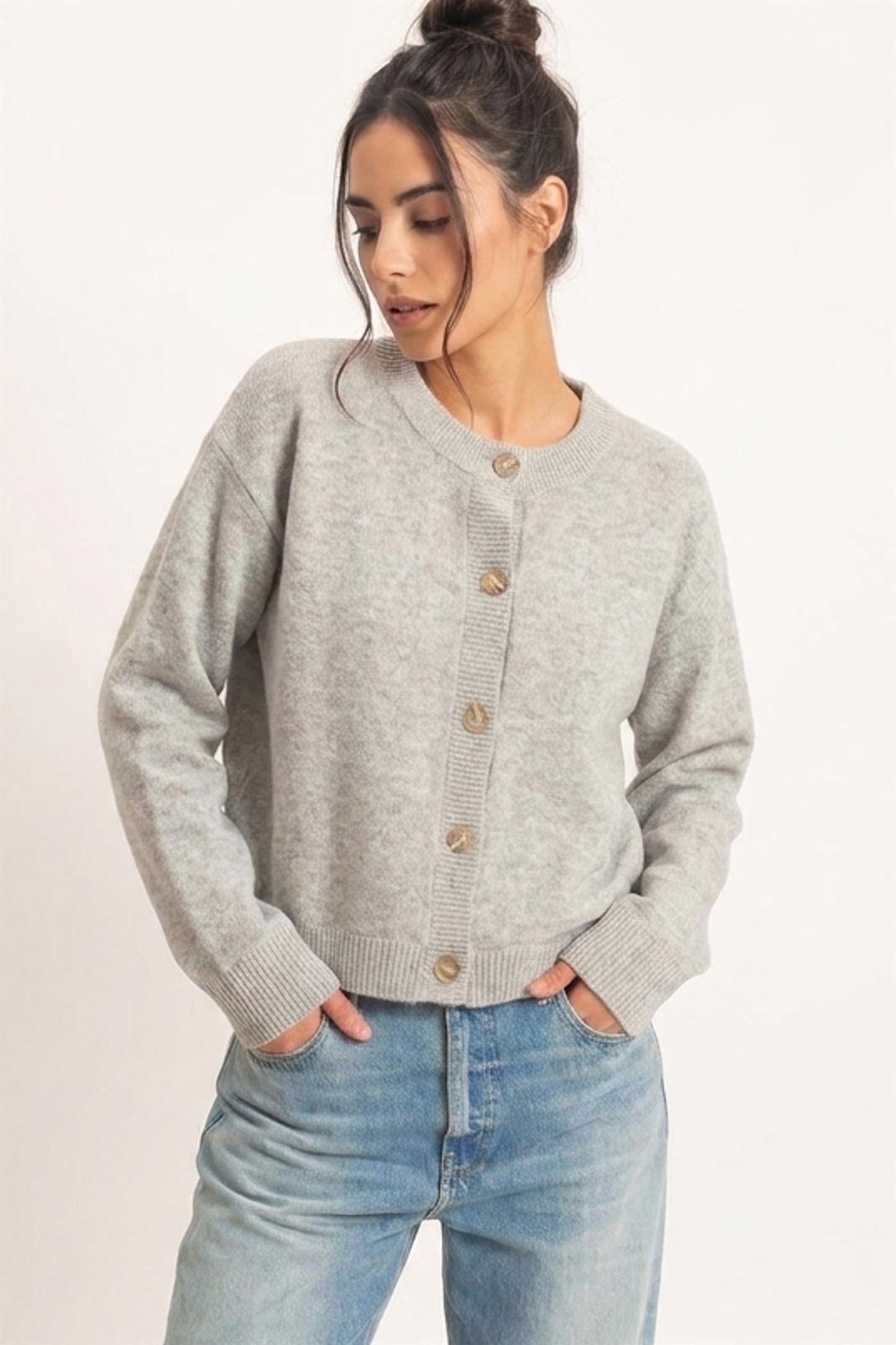 Wholesale Crew Neck Button Front Cardigan Cardigans DZ26E639 HEATHER GRAY DOUBLE ZERO