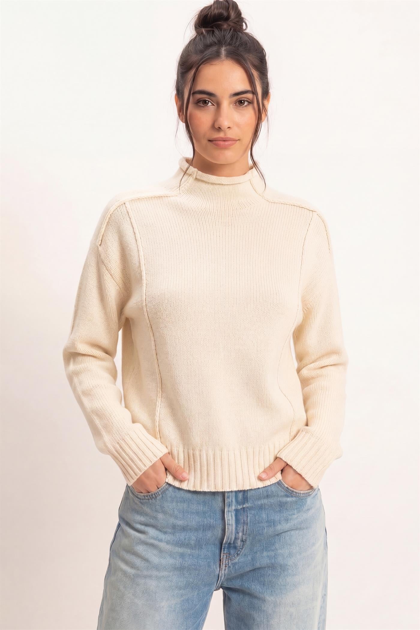 Wholesale Roll Neck Sweater With Reversed Seam Sweaters DZ26E271 CREAM DOUBLE ZERO