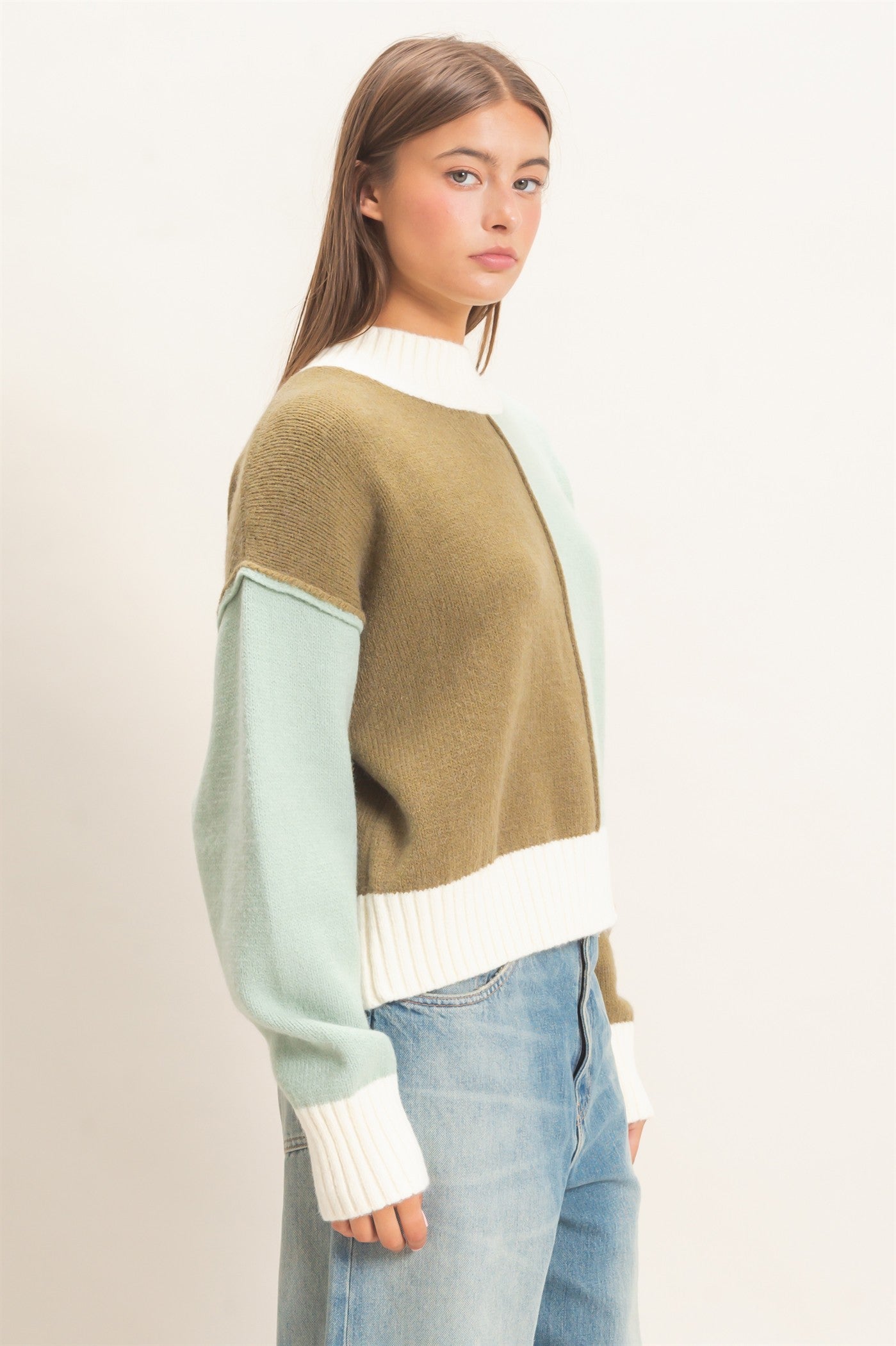 Wholesale Color Block Mock Neck Sweater Sweaters DZ27A211 OLIVE DOUBLE ZERO
