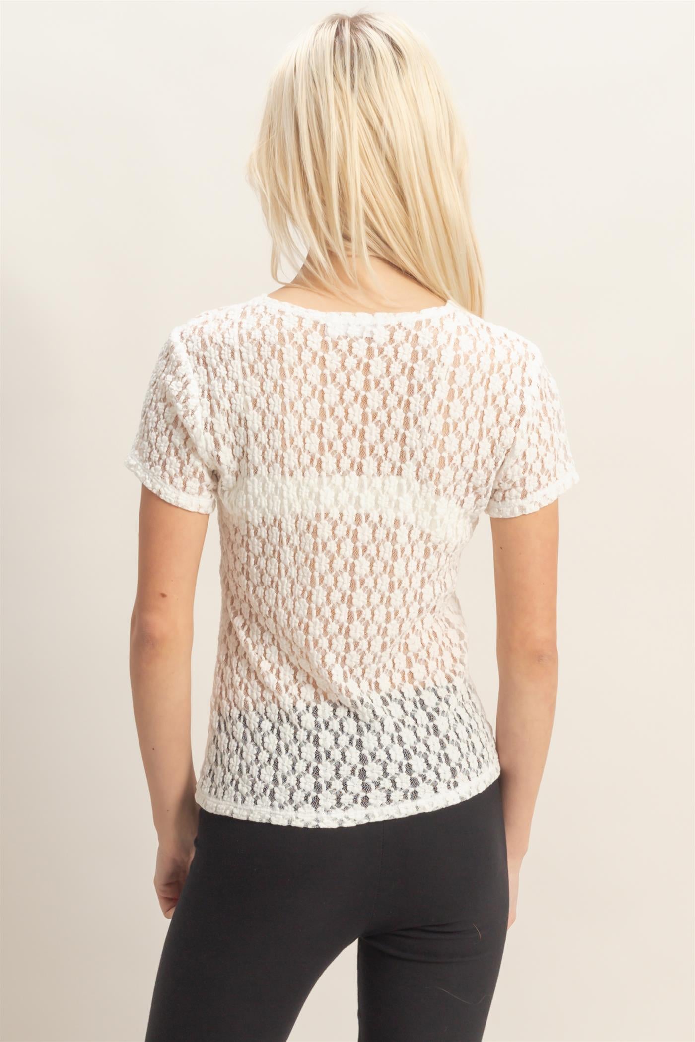 Wholesale Textured Lace Short Sleeve Top Clothing Tops DZ26C394 CREAM DOUBLE ZERO