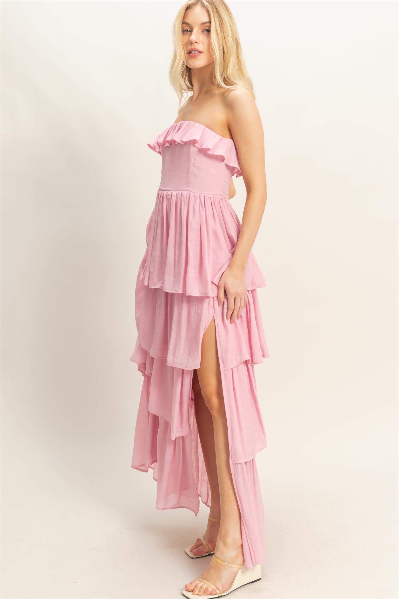 Wholesale Tiered Strapless Ruffle Dress Dresses HF26A616-D PINK HYFVE