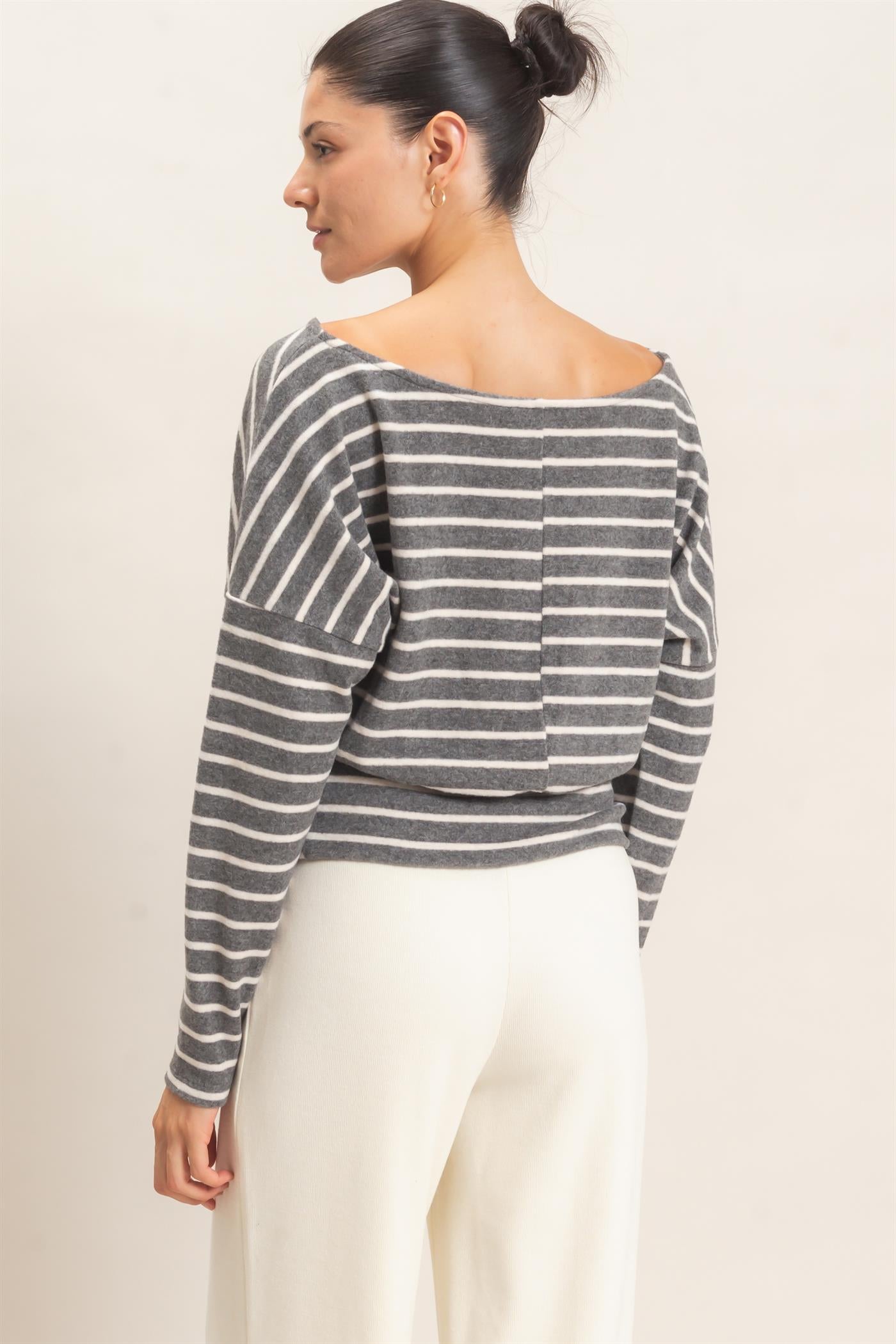 Wholesale Striped Off Shoulder Top T-Shirts HF26E953 GRAY HYFVE