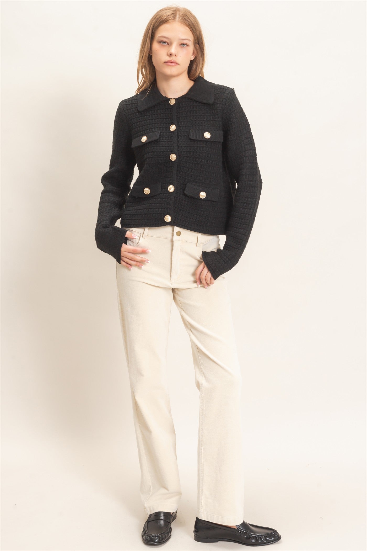 Wholesale Textured Collared Sweater Jacket Cardigans HF26F190 BLACK HYFVE