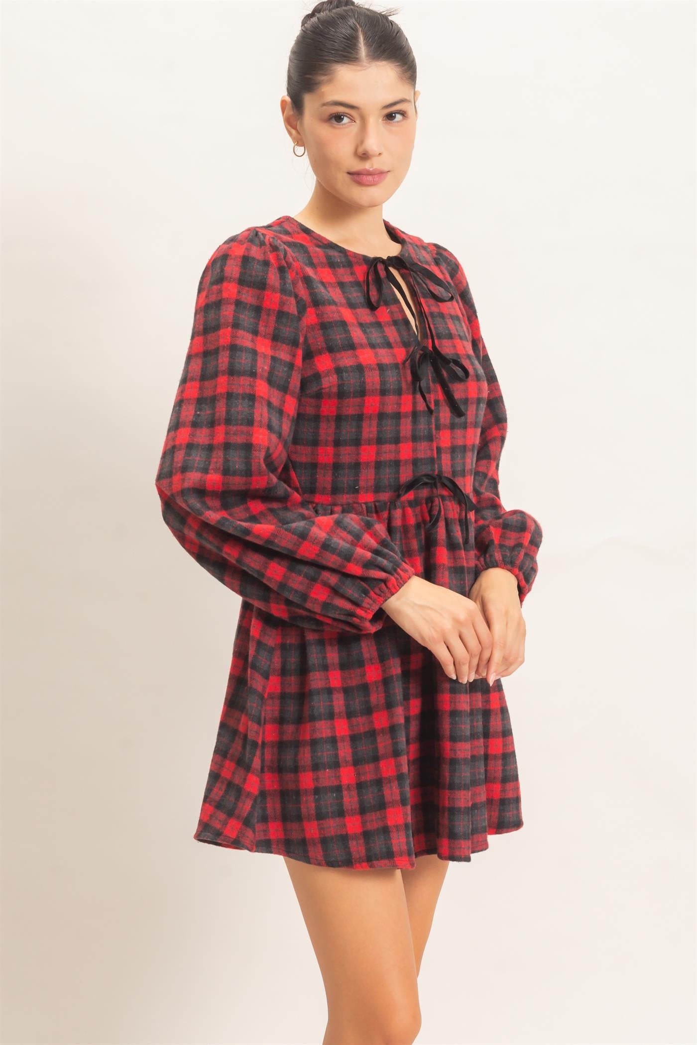 Wholesale Plaid Velvet Ribbon Tie Mini Dress Dresses HF26E965 RED HYFVE