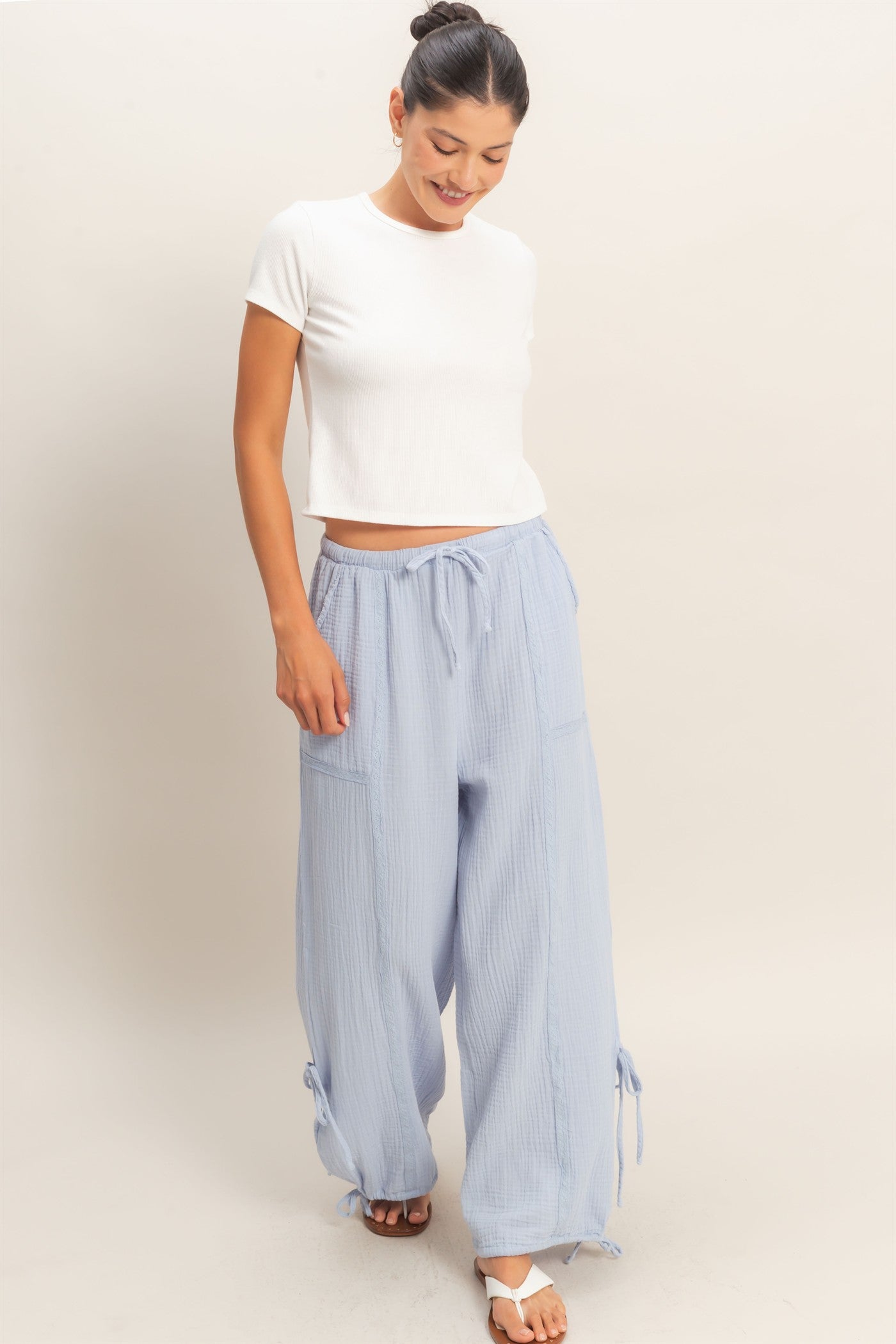 Wholesale Gauze Drawstring Jogger Pants Joggers HF26A822 DUSTY BLUE HYFVE