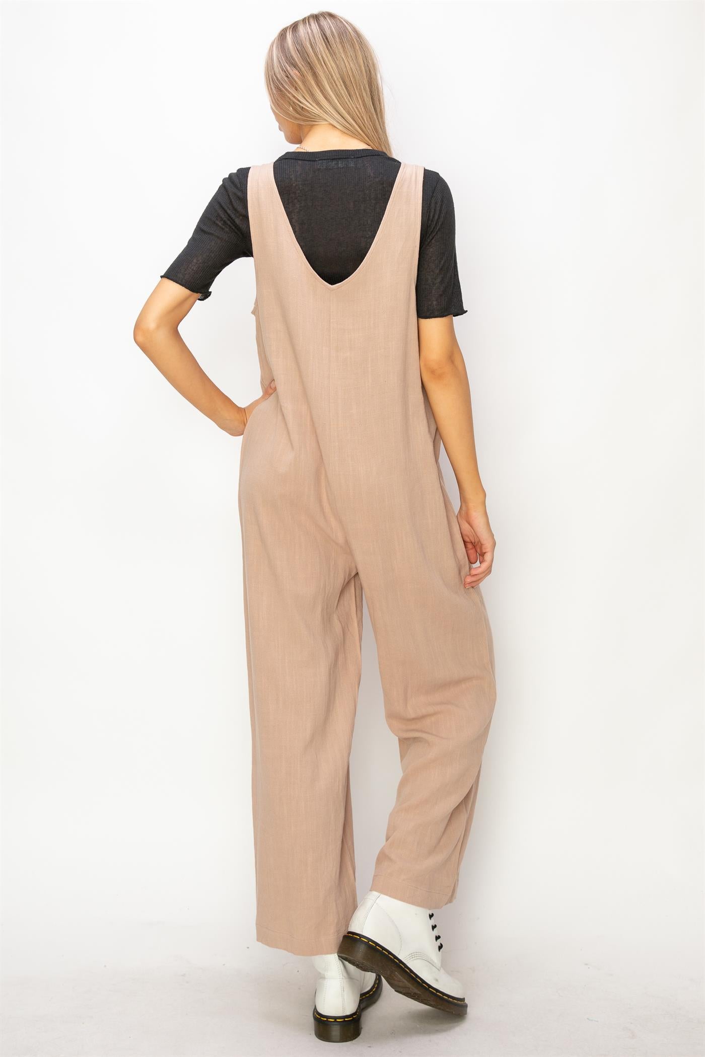 Wholesale Linen Sleeveless Jumpsuit One-Pieces DZ24A886 TAN DOUBLE ZERO