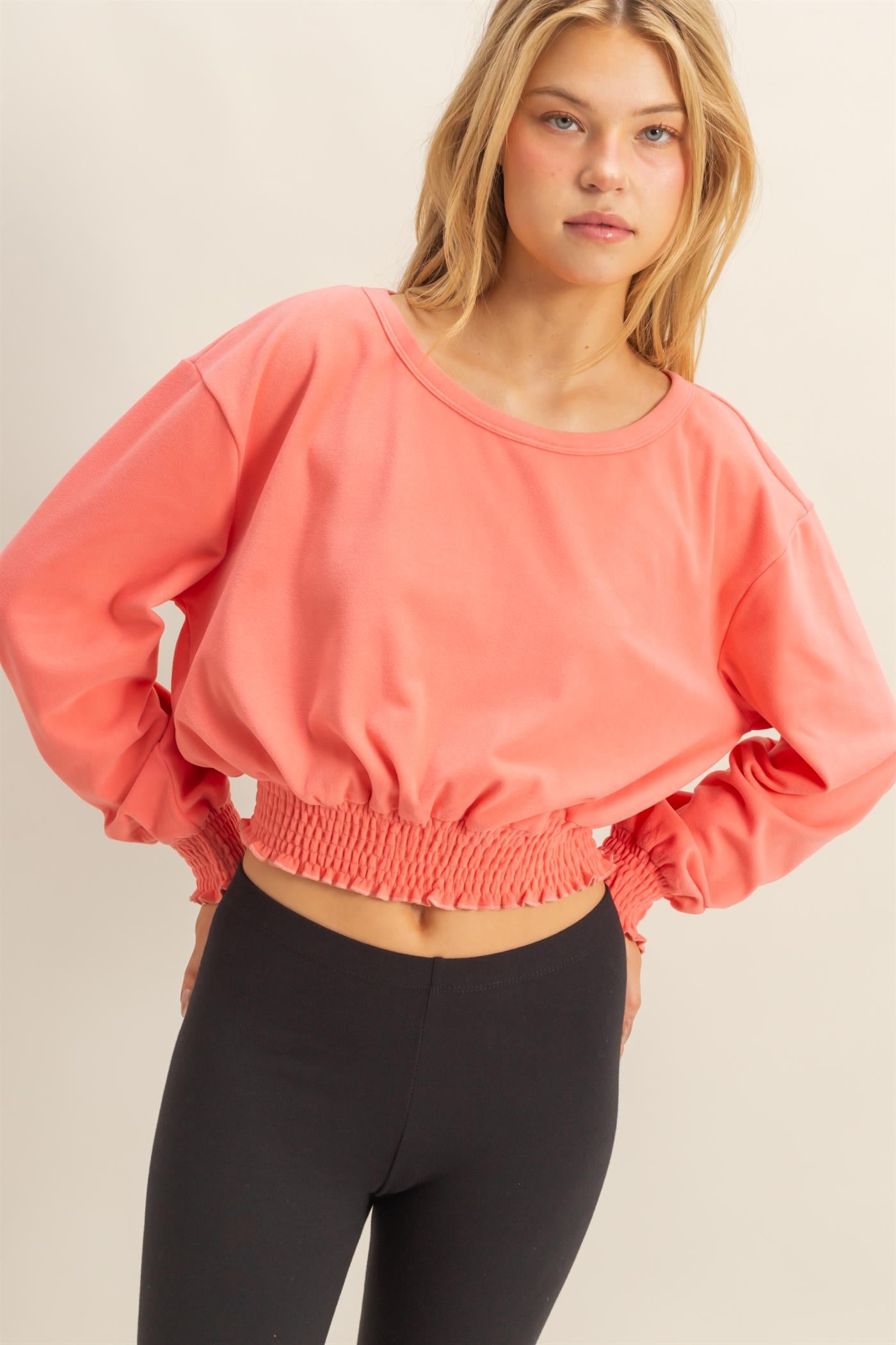 Wholesale Brushed Knit Smocked Crop Top Clothing Tops HF24C116 CORAL HYFVE